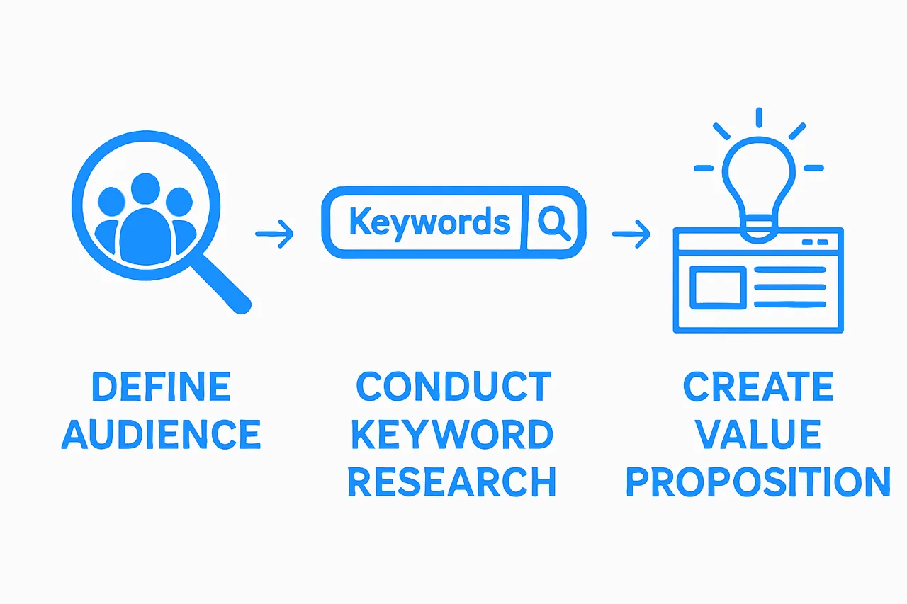 Infographic illustrating the first three steps to write high-converting website copy
