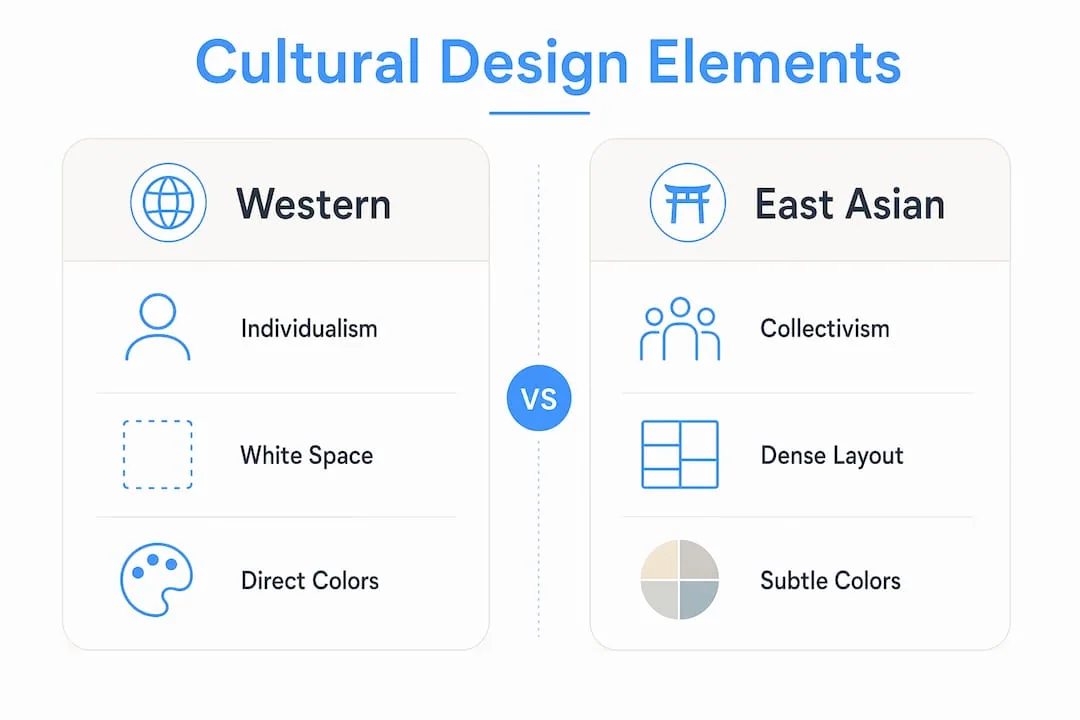 Infographic comparing Western vs East Asian cultural design elements