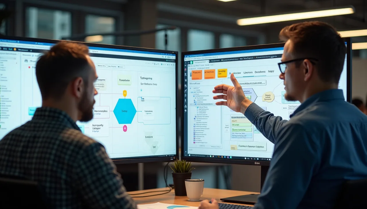 Developers reviewing cloud and serverless architectures with 'Tech Stack' on digital whiteboard.