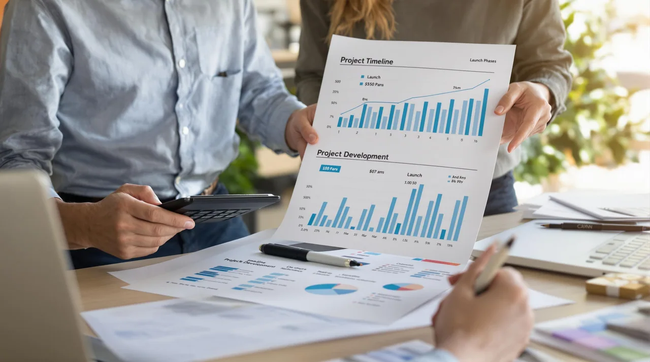 Two business owners analyze website costs and project timelines together