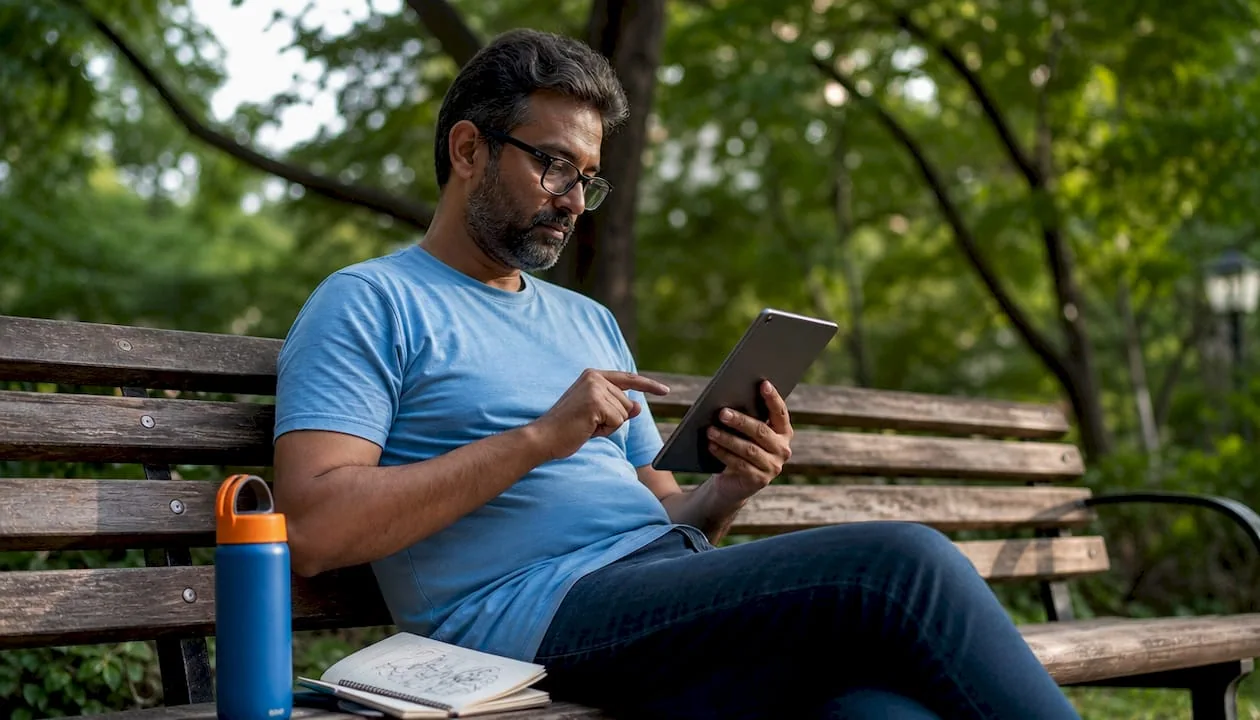 Man using tablet for online shopping outdoors