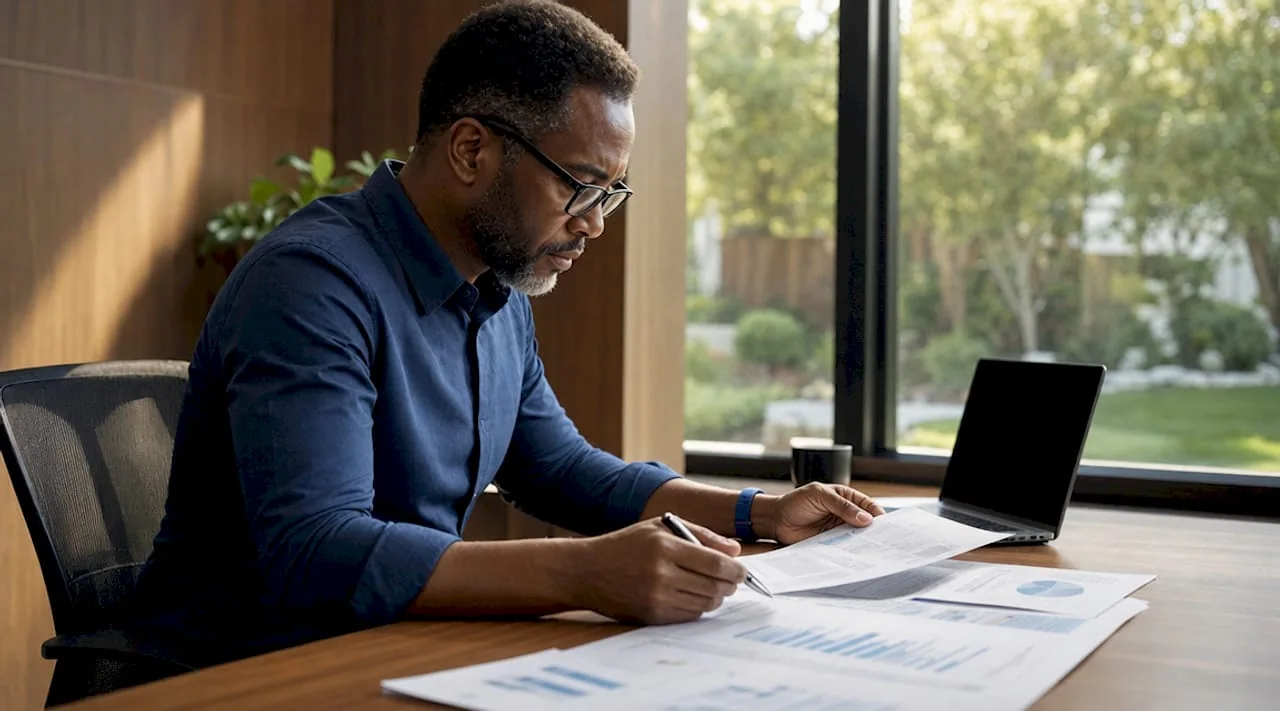 Man reviewing performance reports in meeting room