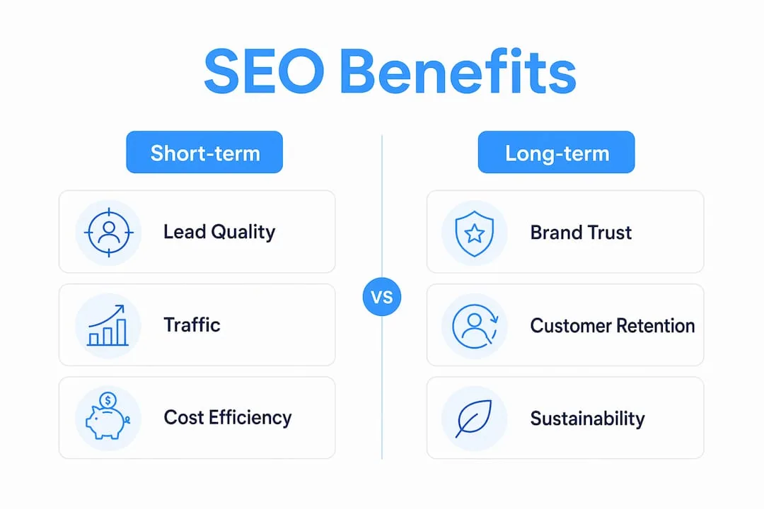 Infographic comparing short-term and long-term SEO benefits