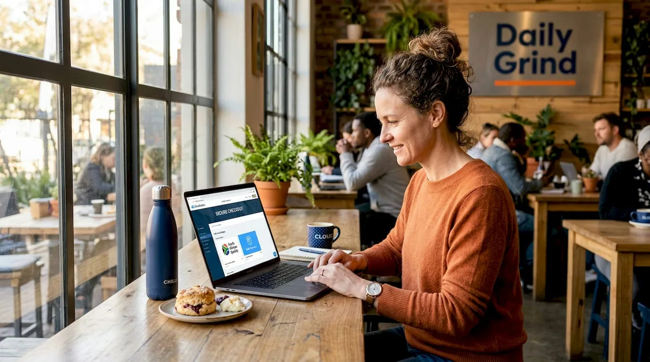 Woman arranging trust badges on laptop in workspace