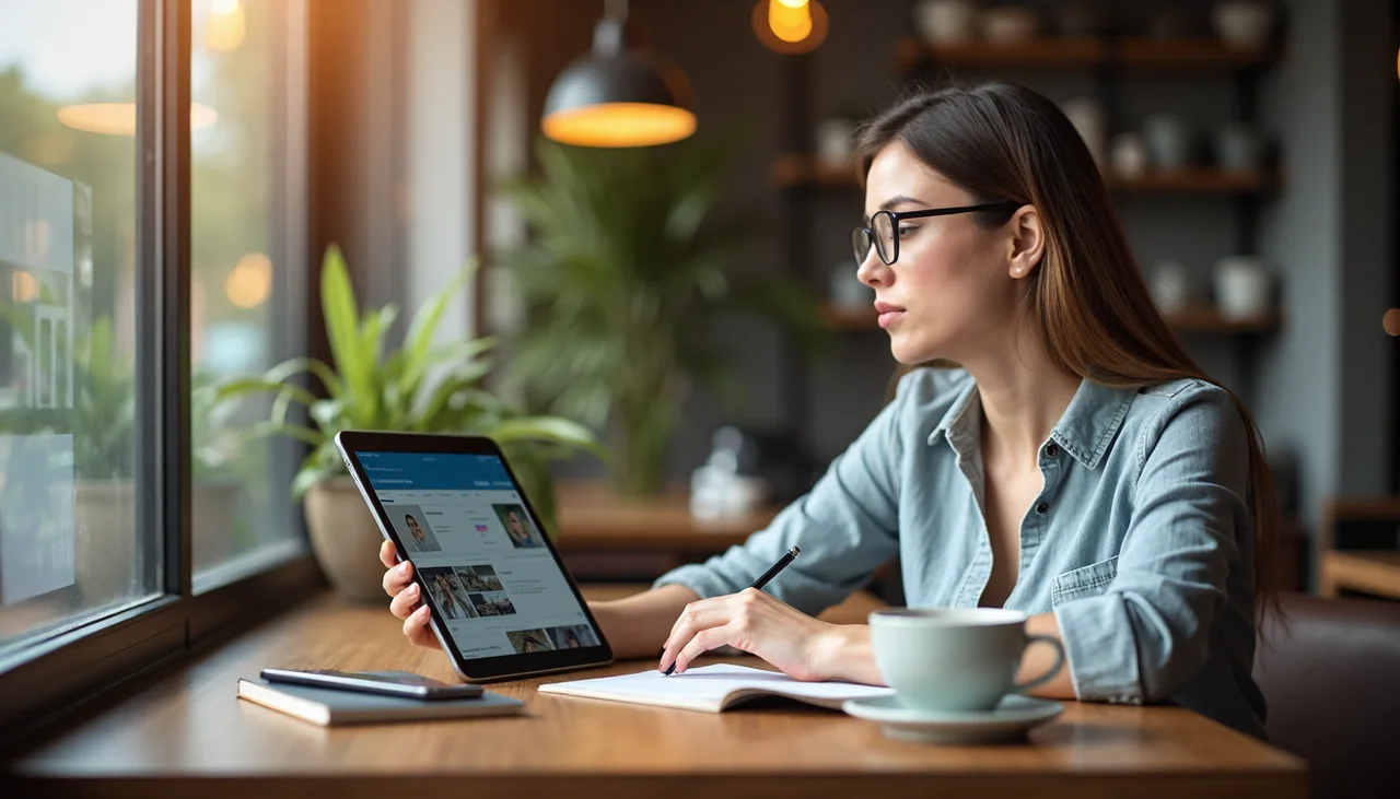 Professional woman reviews website layouts on tablet in café with 'User Experience' sticker