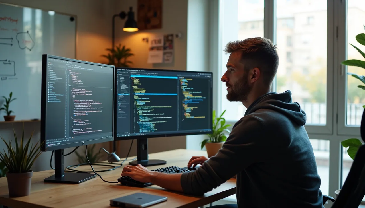 Developer coding new web technologies with emerging tech notes on glass