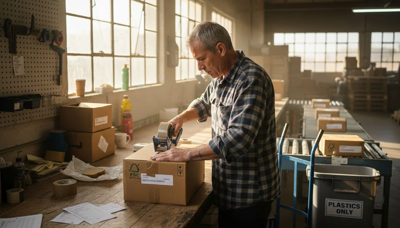 Worker sealing FSC-certified cardboard boxes