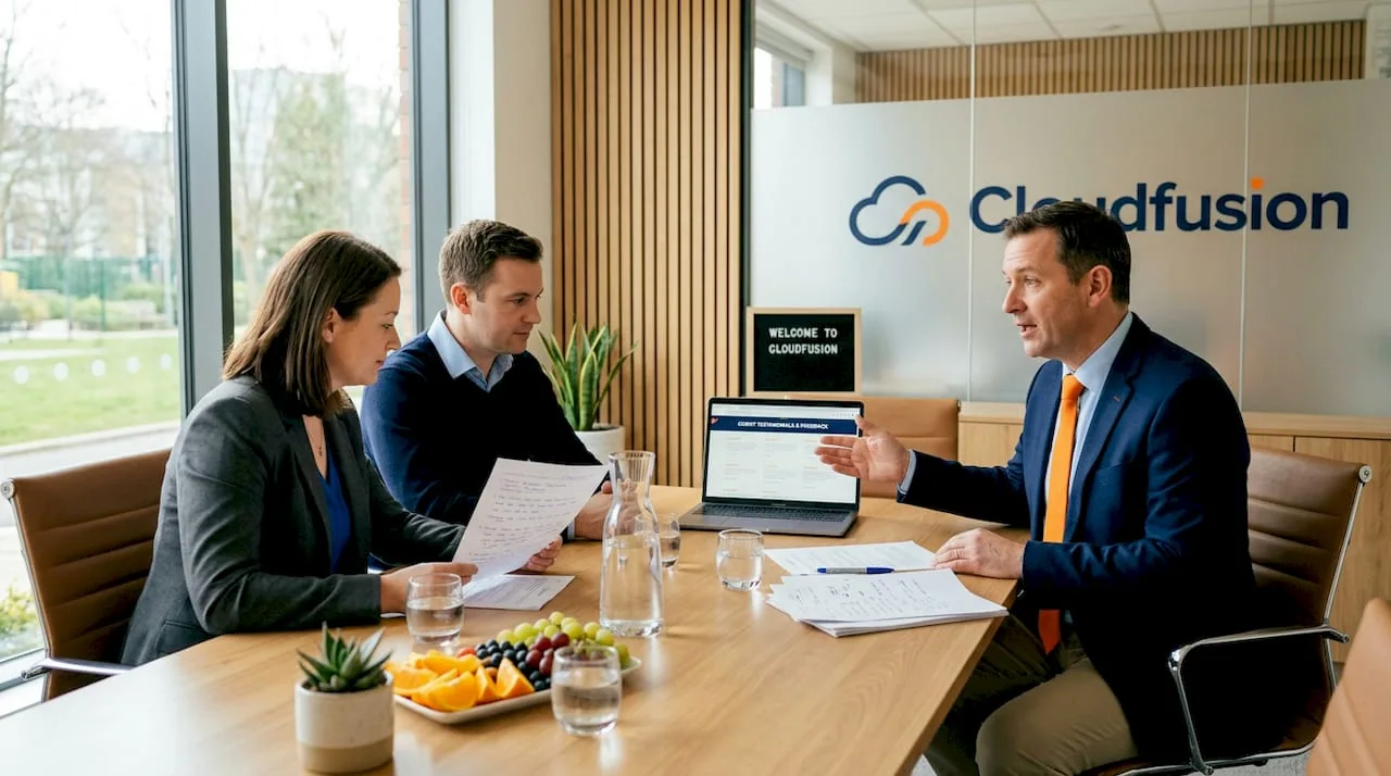 Sales manager reviewing client testimonials during meeting