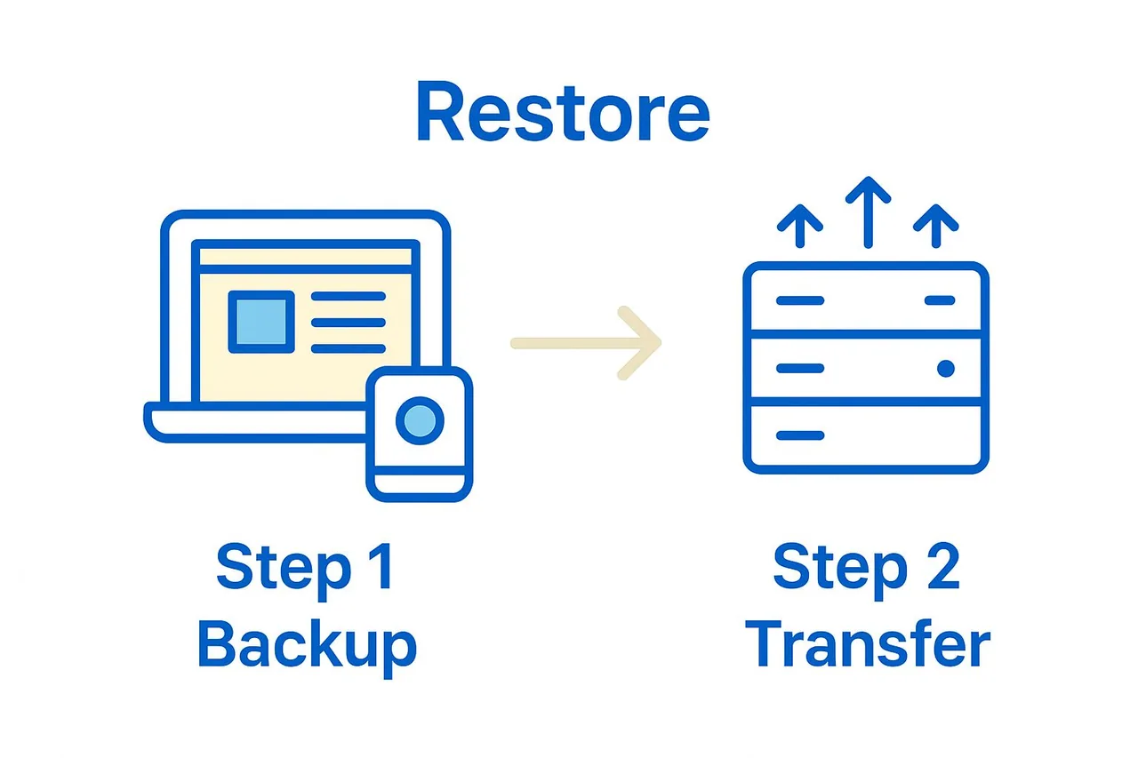 Simple two-step infographic of website backup and transfer