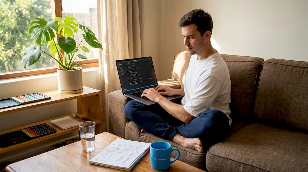 Man codes website on sofa in living room