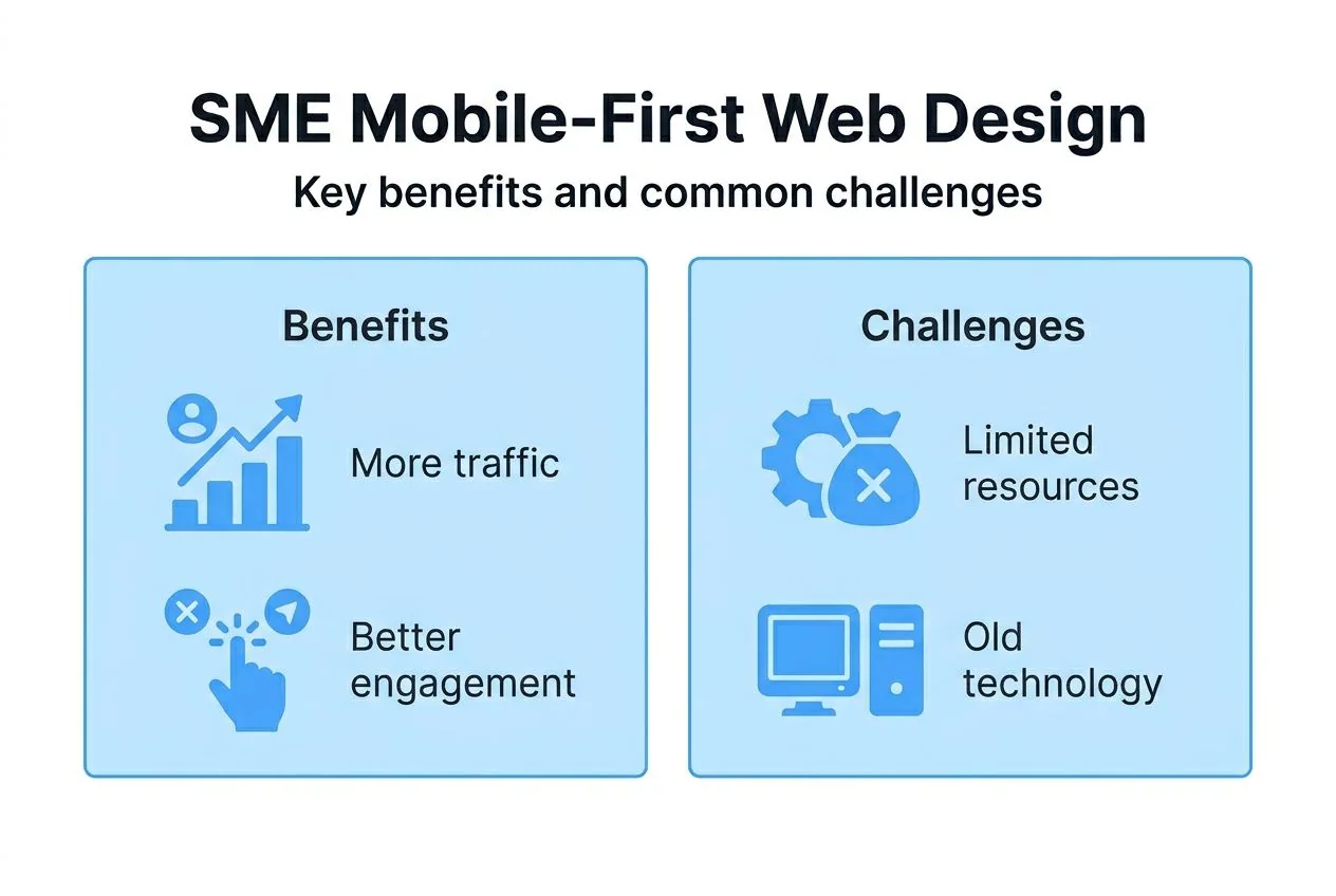 Infographic showing mobile-first SME web design benefits and challenges
