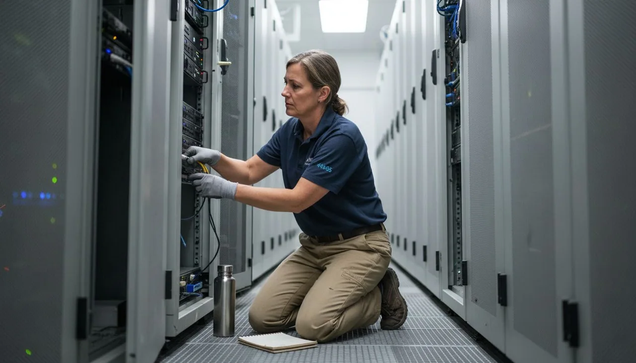 Technician working on cloud server rack