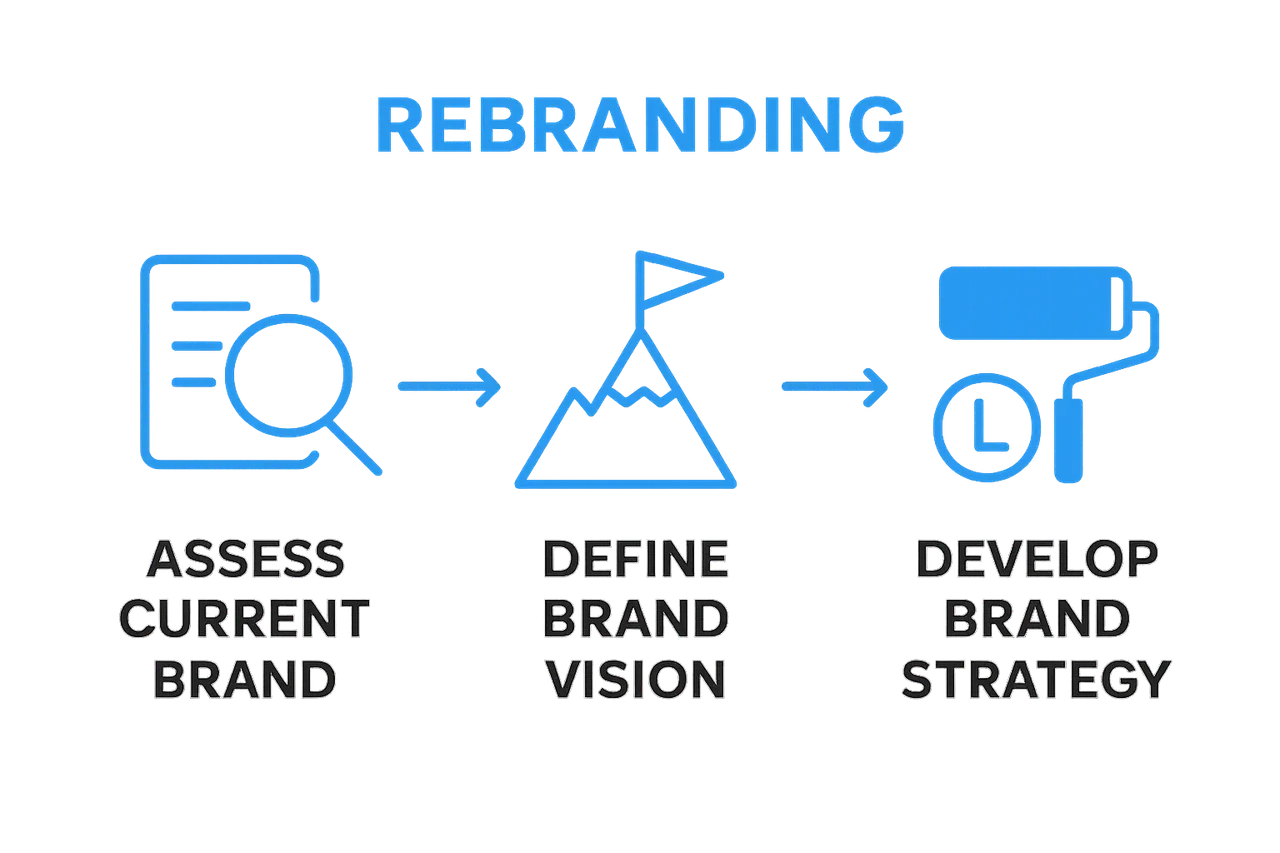 Three-step rebranding process visual flow