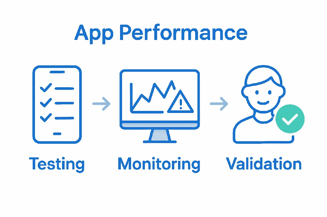 Infographic showing app performance testing, monitoring, and validation steps