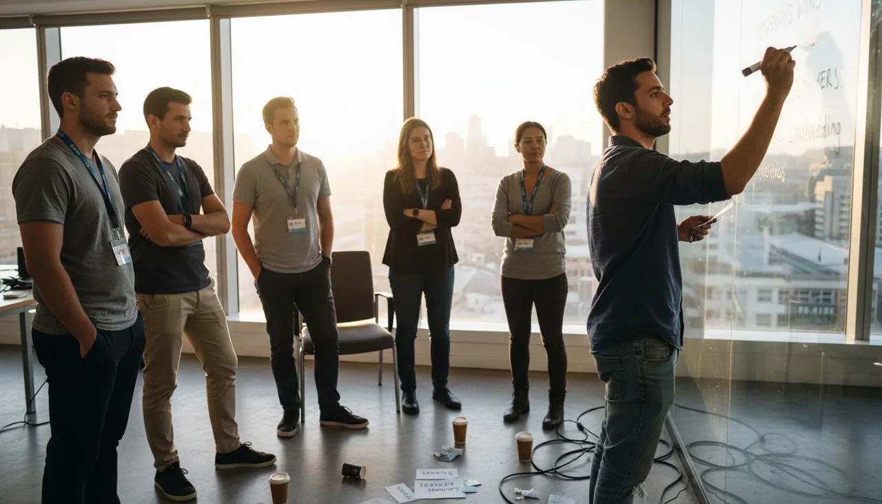 Tech team daily standup with scrum board