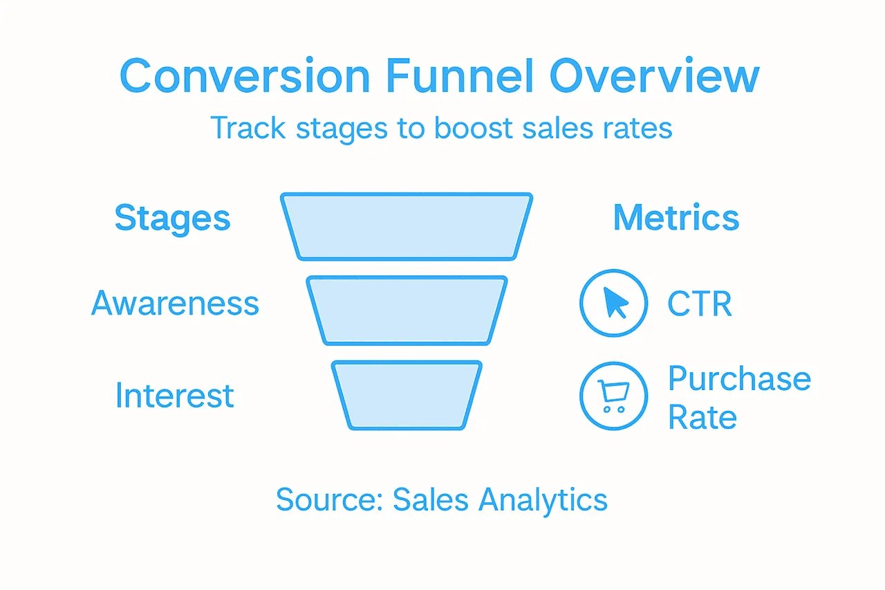Infographic showing main conversion funnel stages and metrics