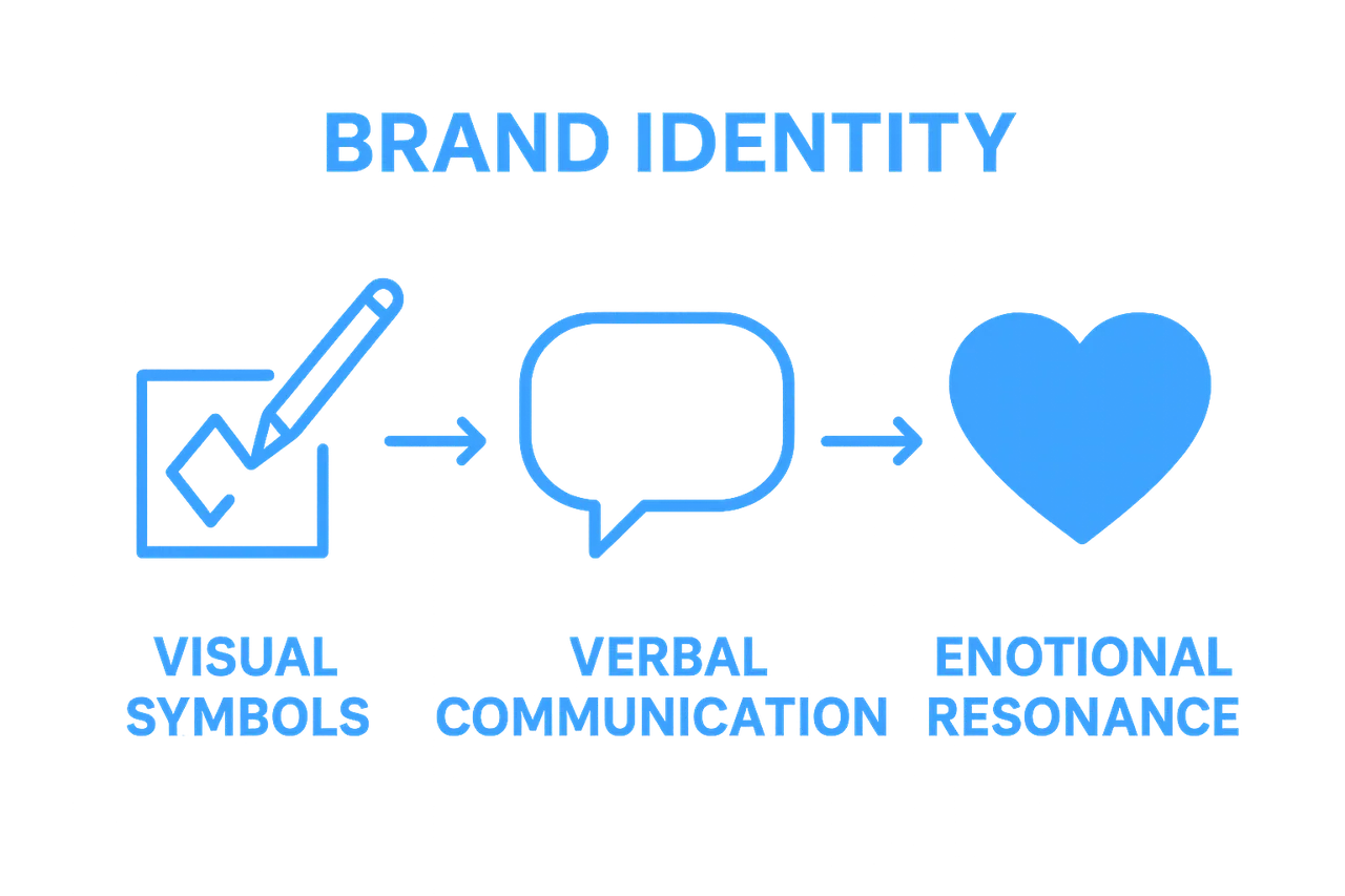 Three icons representing visual, verbal, and emotional brand identity