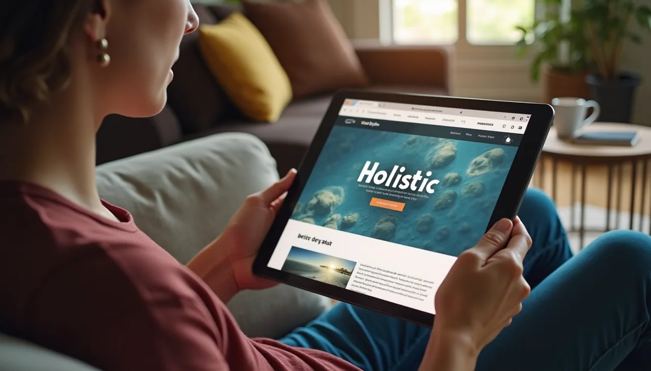 Tablet screen shows website with 'Holistic Design' banner