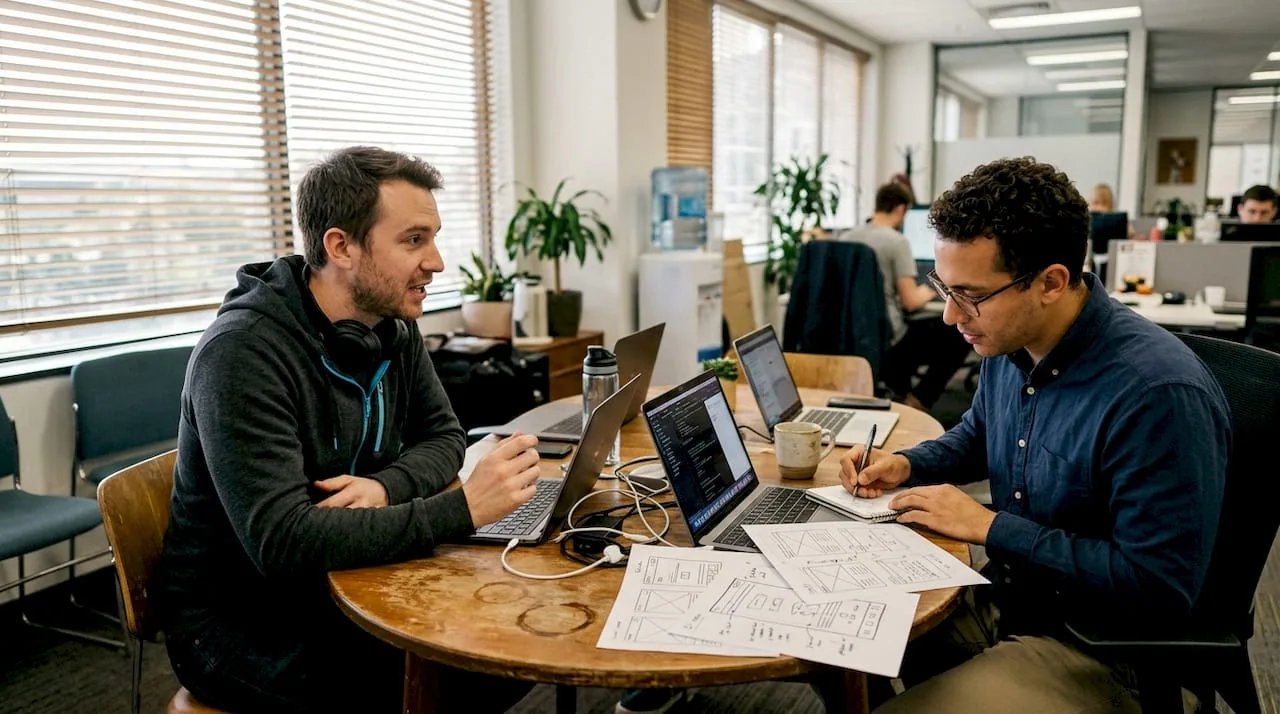 Developers discuss design system at office table