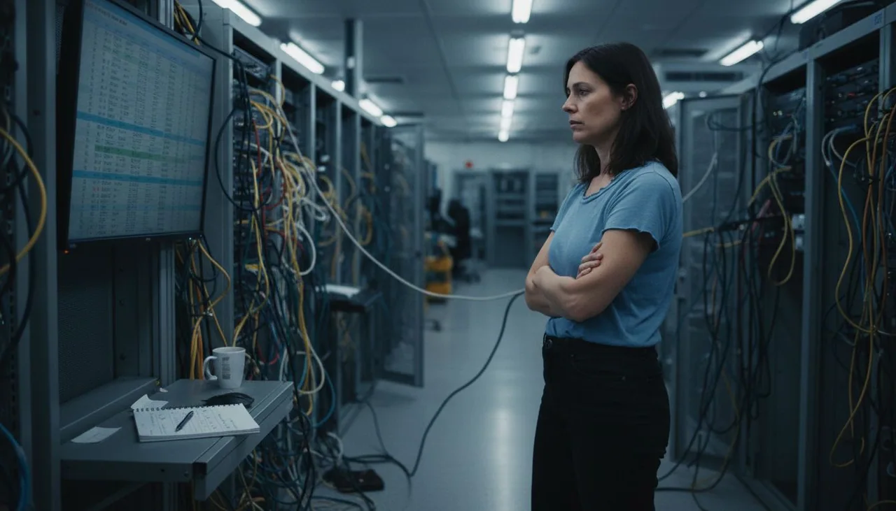 IT manager examining uptime dashboard in server room