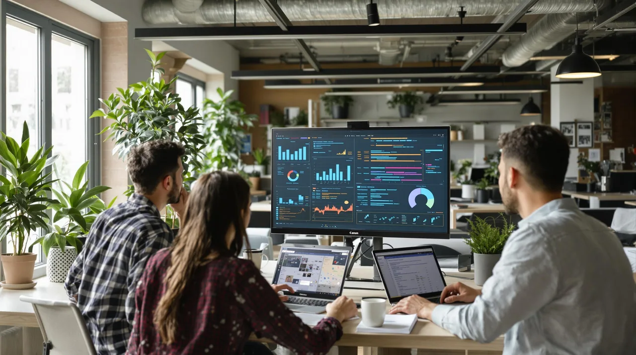 Team collaborating with tech tools in office setting