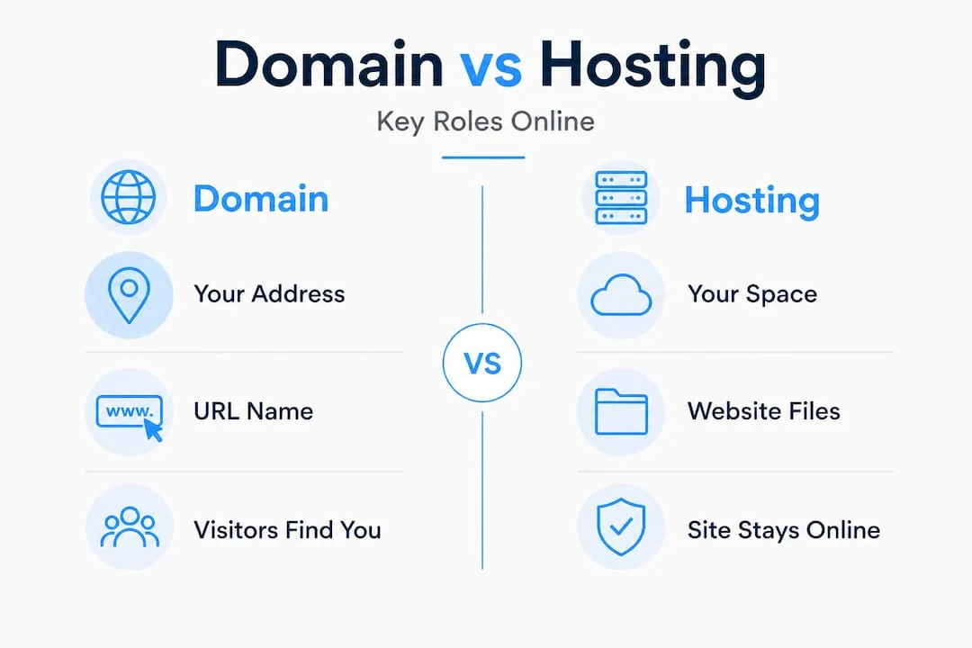 Infographic visually comparing domain registration and hosting