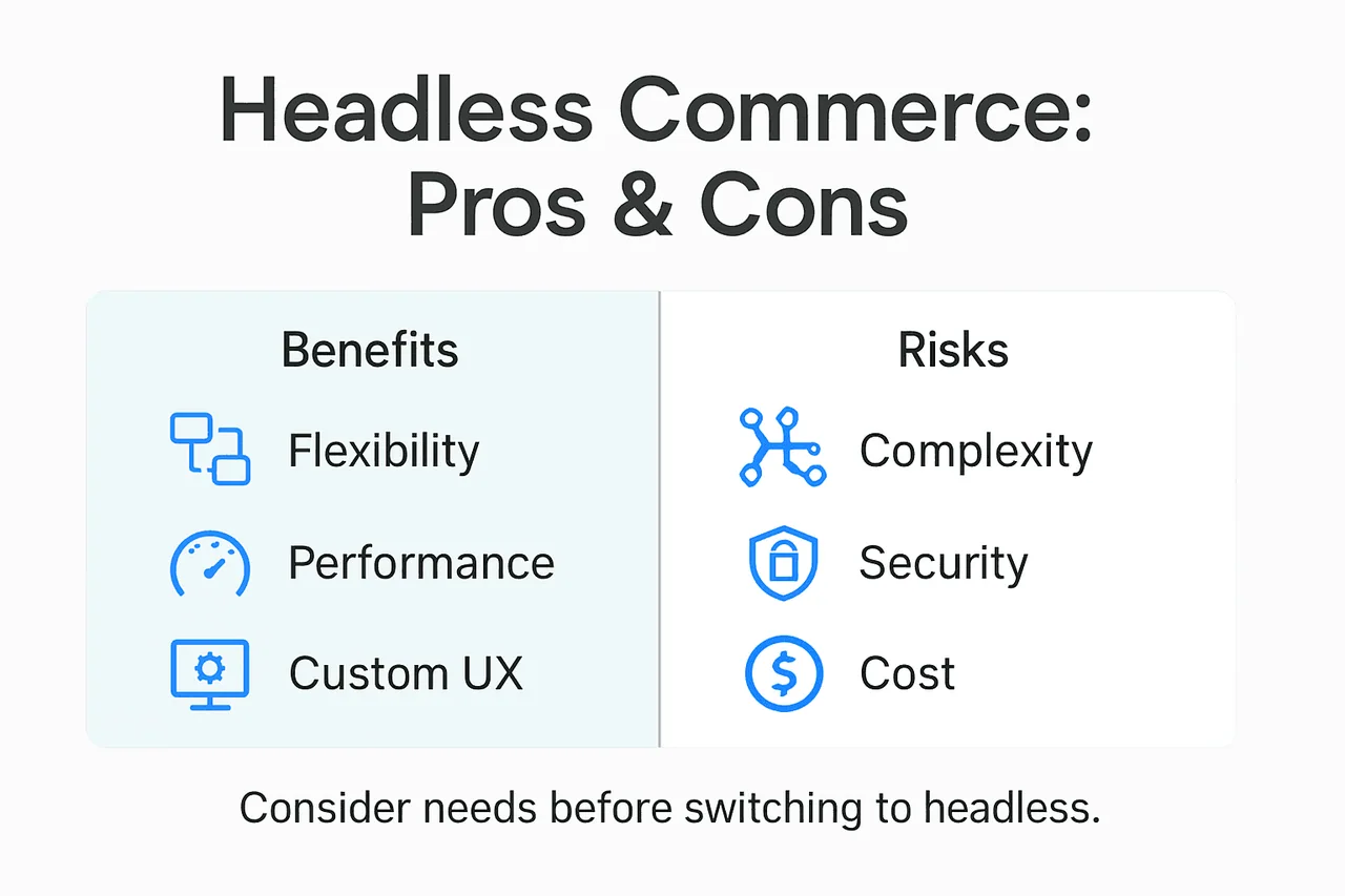 Infographic showing headless commerce benefits and risks