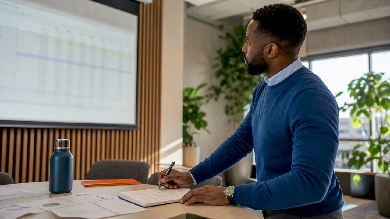 HR analyst reviewing wellness audit spreadsheet at desk