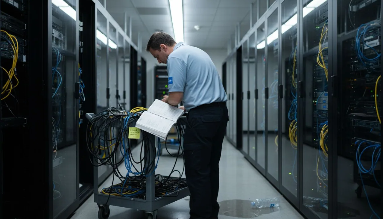 Technician checking server racks in server room