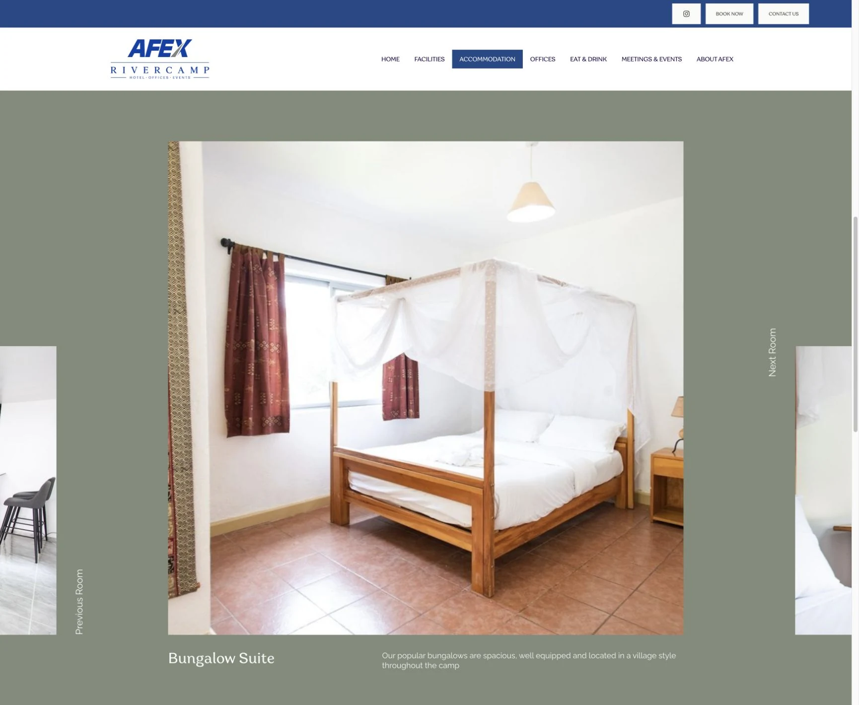 AFEX Rivercamp accommodation carousel showing the complete Bungalow Suite photograph, room title and description