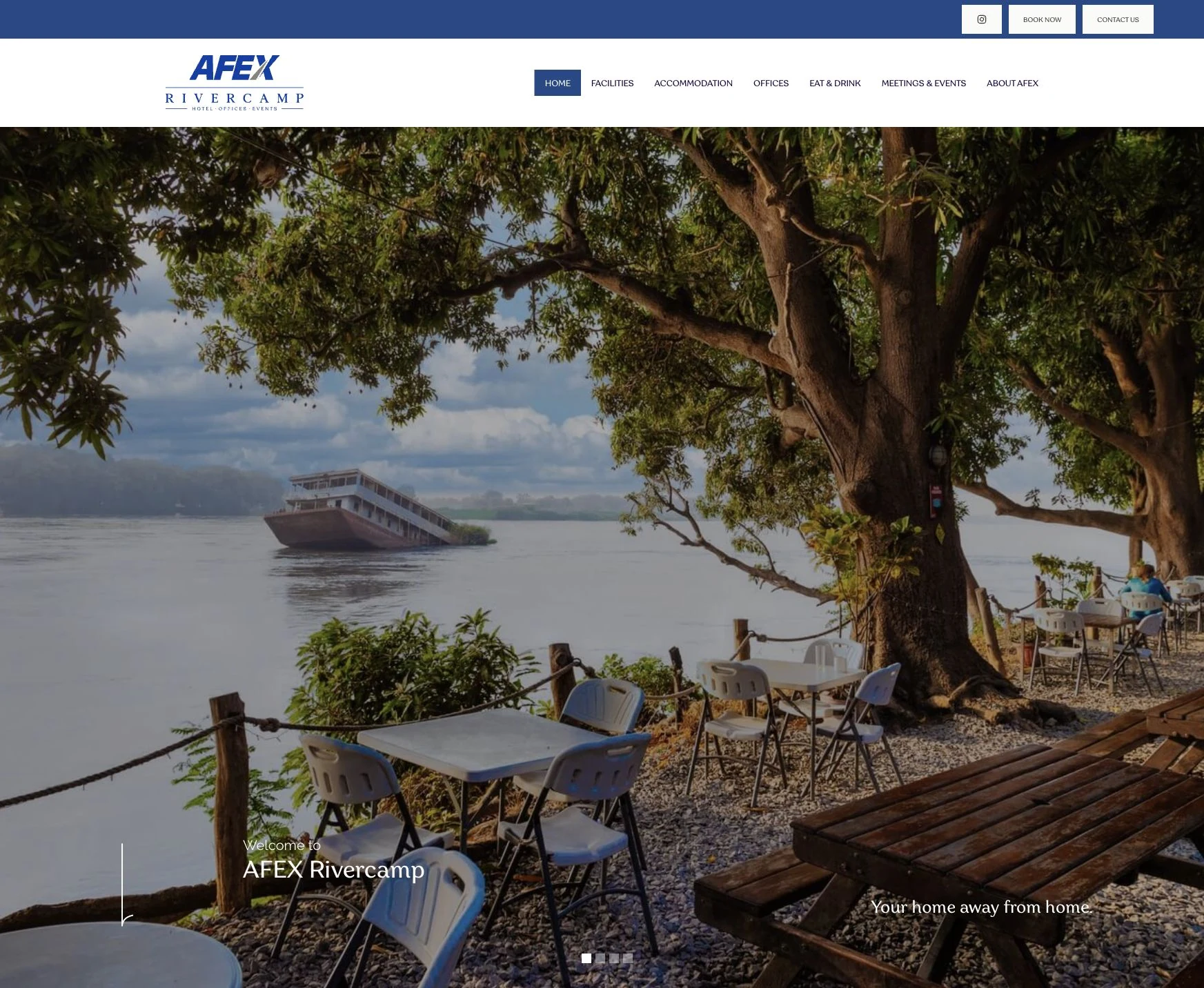AFEX Rivercamp website homepage with a clear view of its riverside terrace and hospitality identity