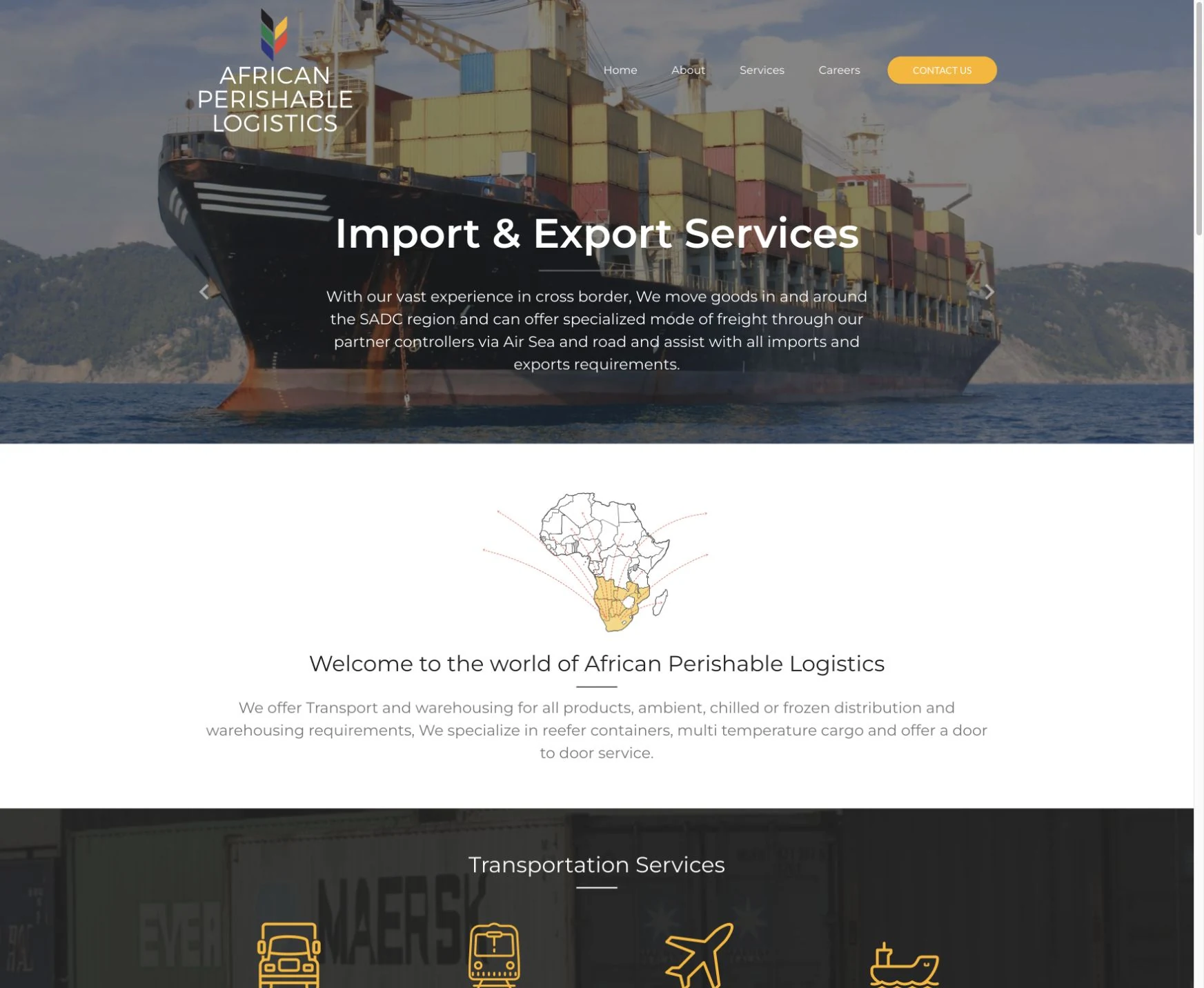 African Perishable Logistics website introducing its transport and warehousing services