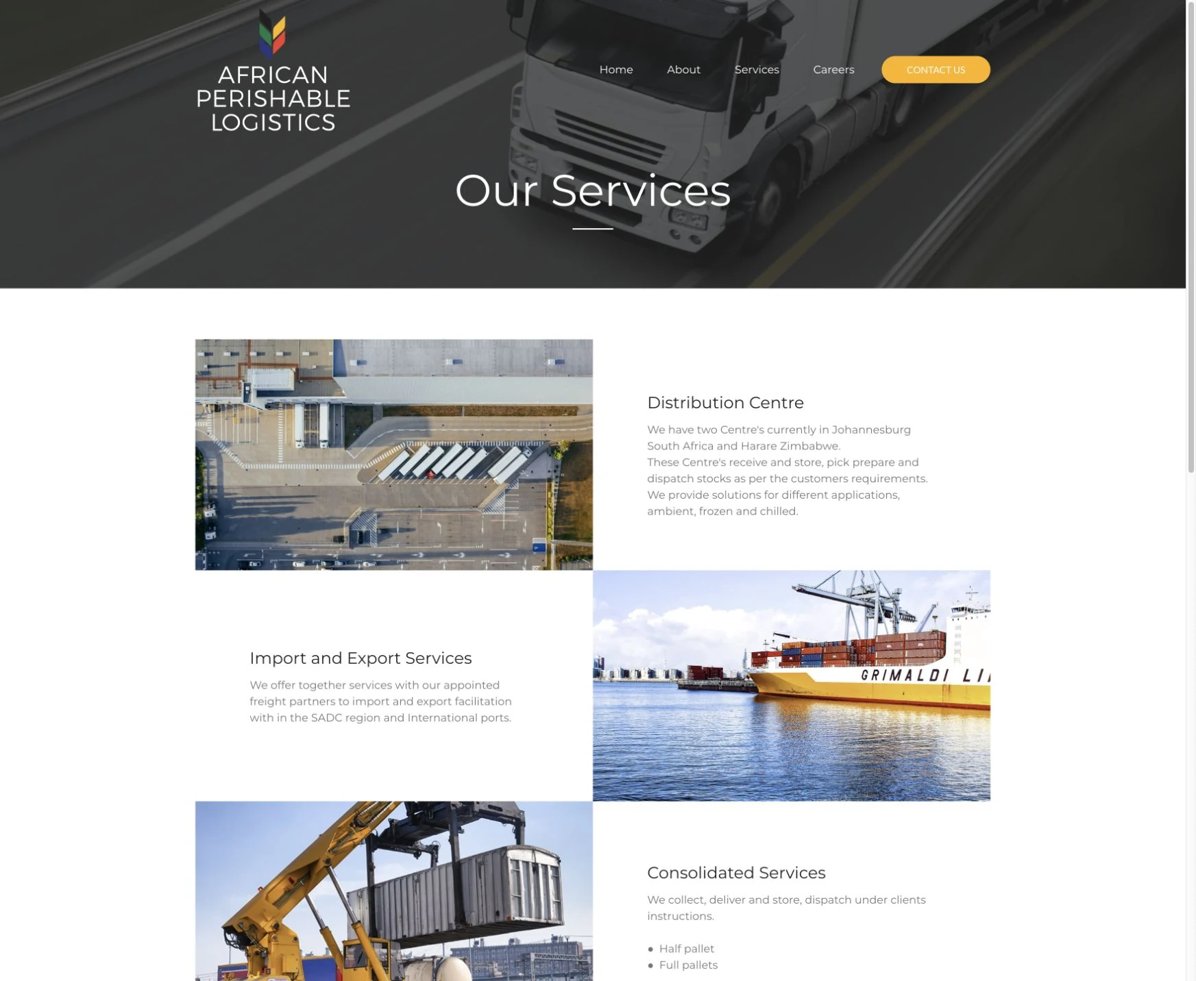 African Perishable Logistics service page showing distribution, import and export, and consolidated services
