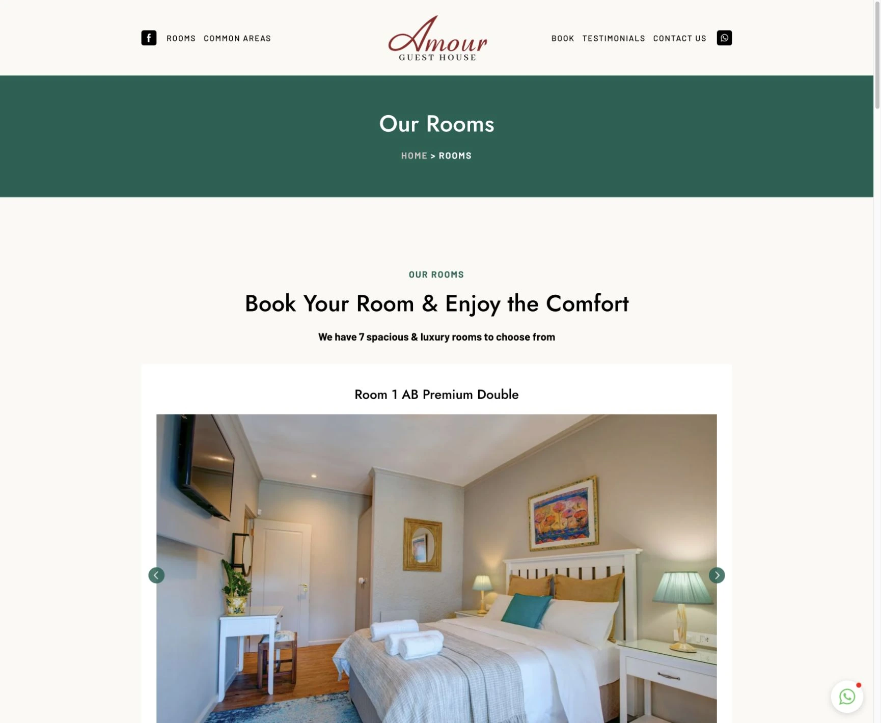 Amour Guest House room selection page showing the first room and its bedroom photo gallery