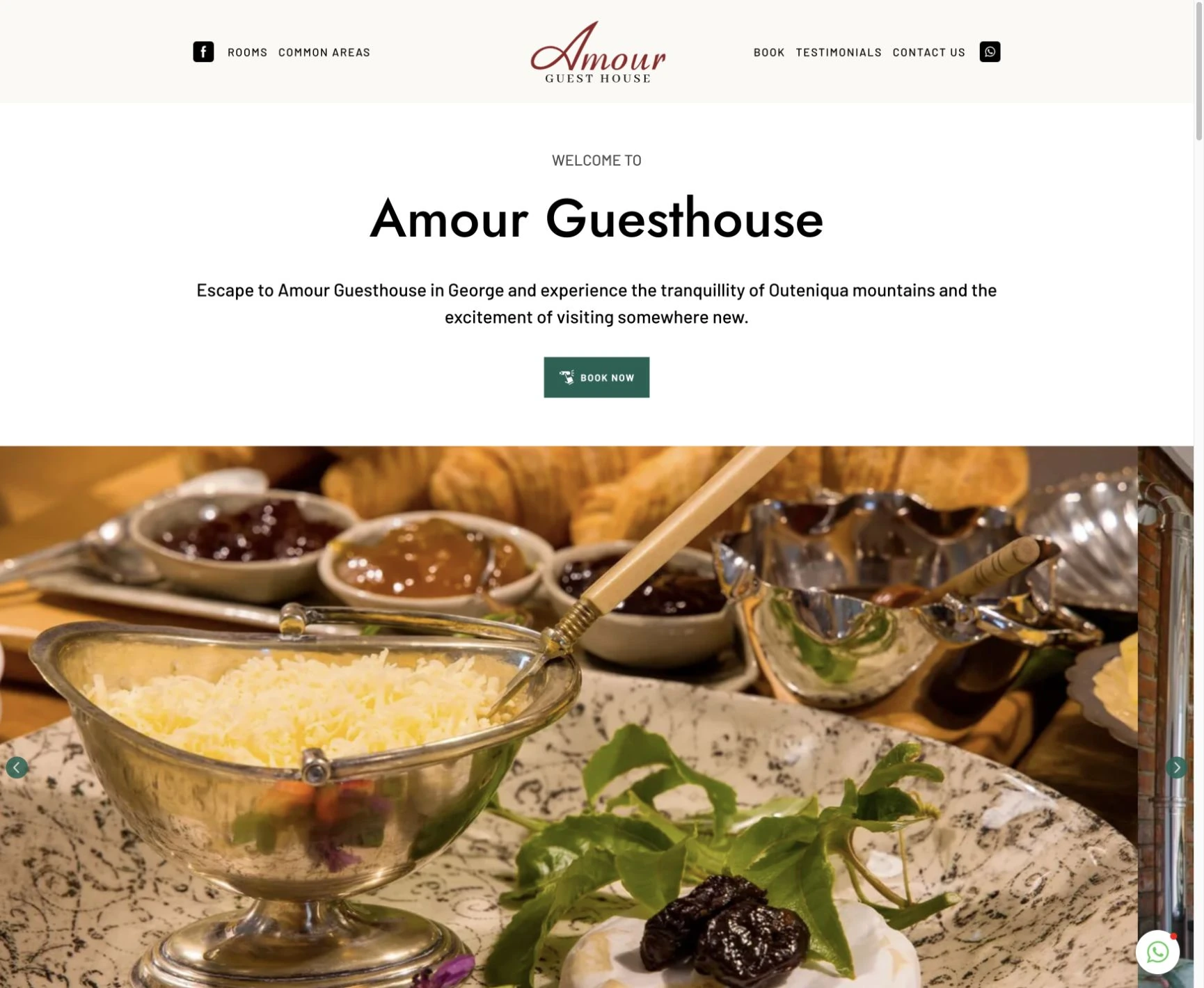 Amour Guest House homepage with its original identity, welcome message, booking button and breakfast imagery