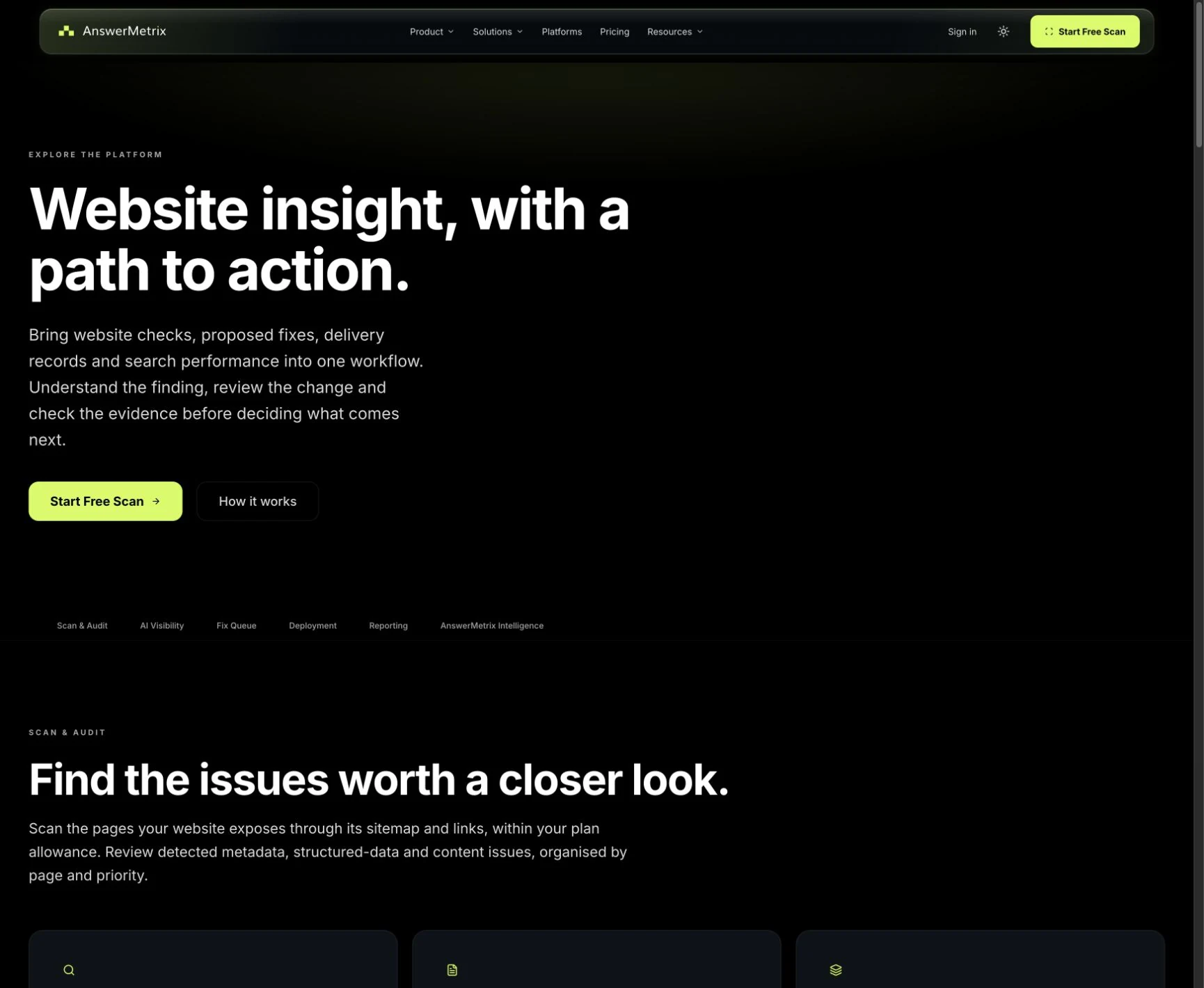 AnswerMetrix public features page explaining website scans, metadata checks and structured data analysis