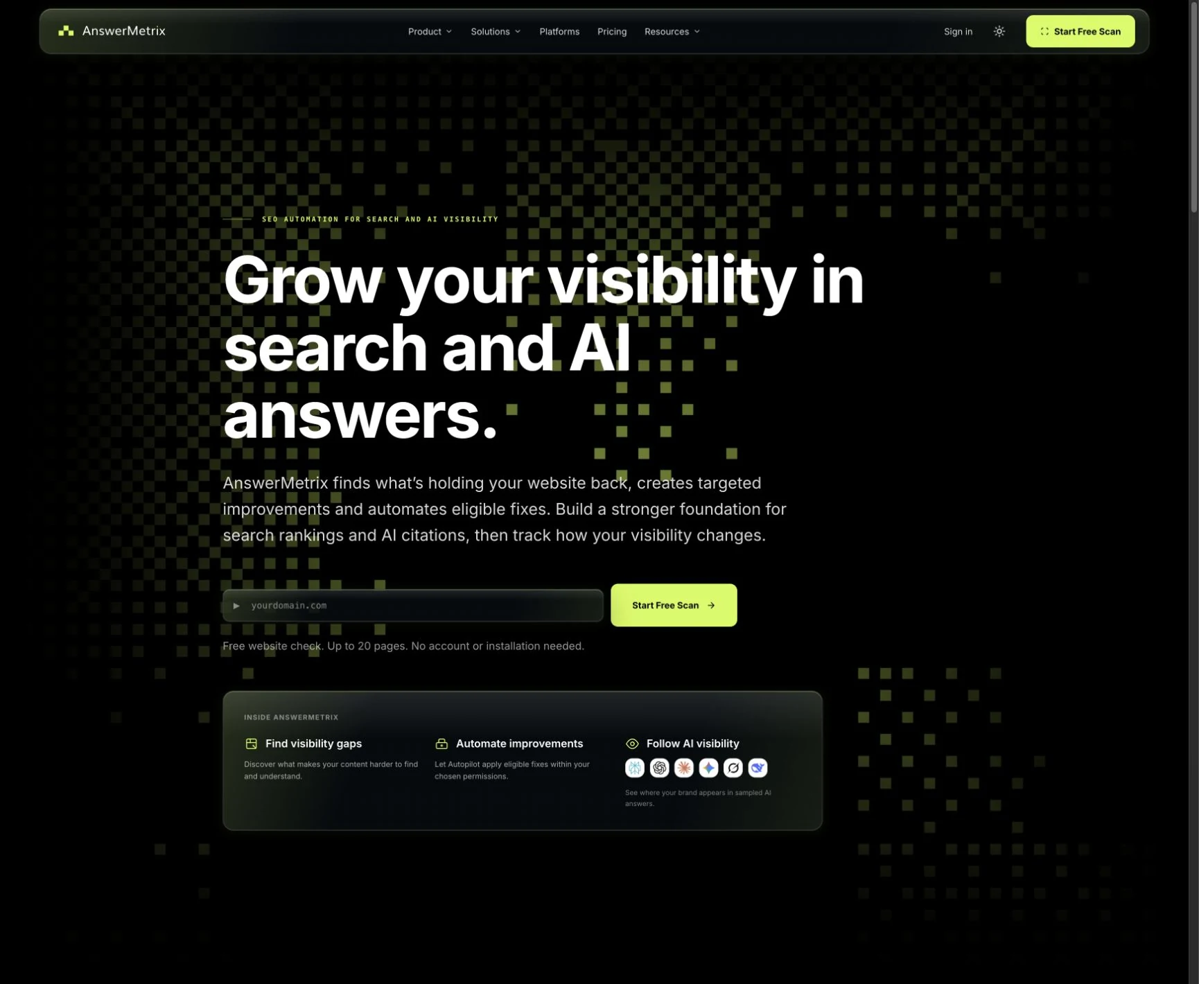 AnswerMetrix public product website explaining search visibility, eligible automation and sampled AI answers
