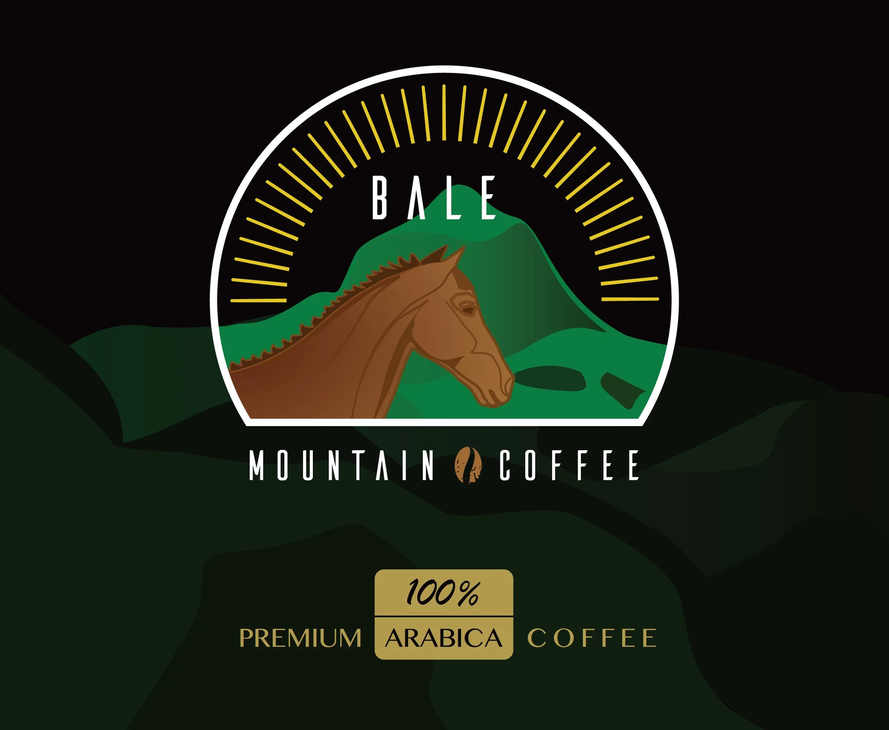 Bale Mountain Coffee’s original mountain-and-horse identity in green, black and gold