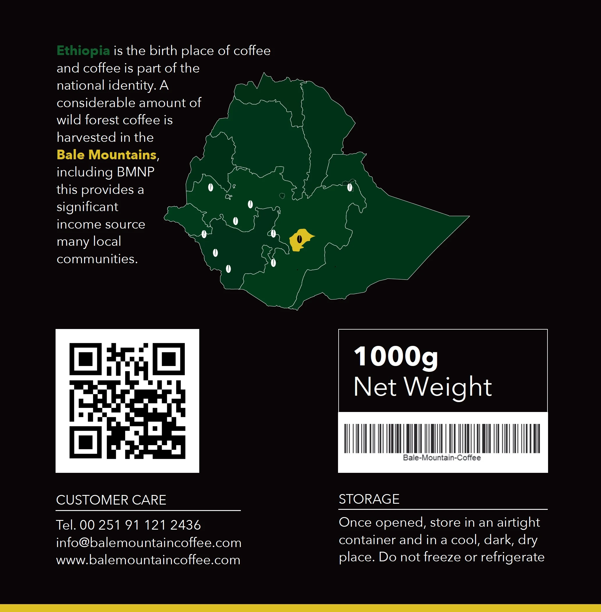 Bale Mountain Coffee packaging artwork showing Ethiopian origin, product information and a barcode