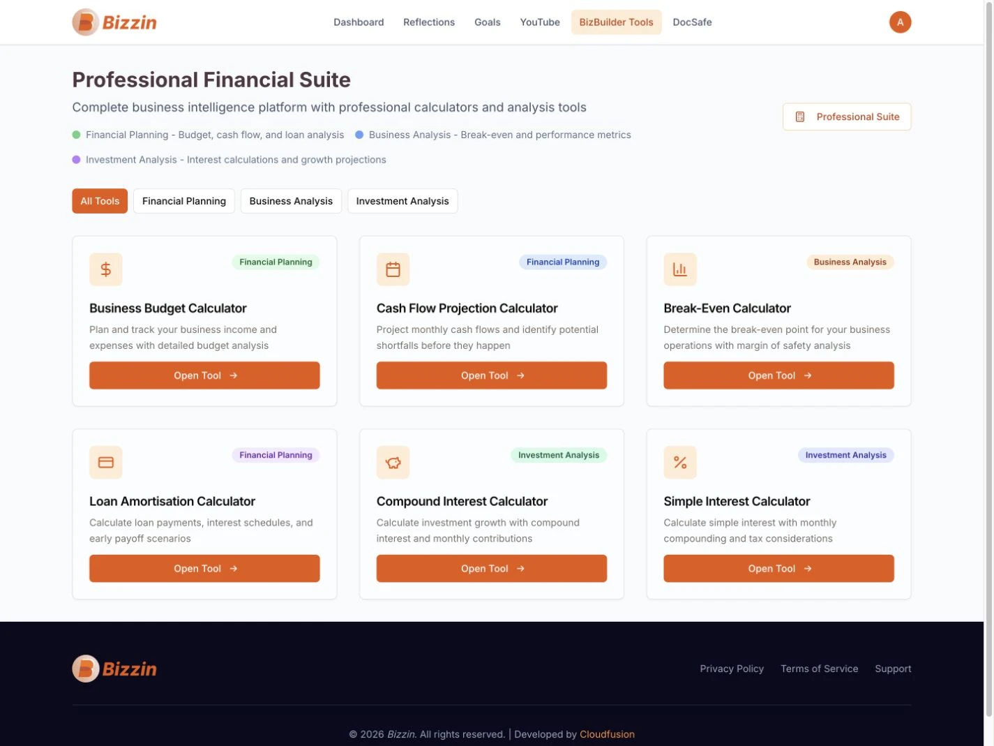 Bizzin’s BizBuilder financial suite with six complete calculator cards for business and investment planning