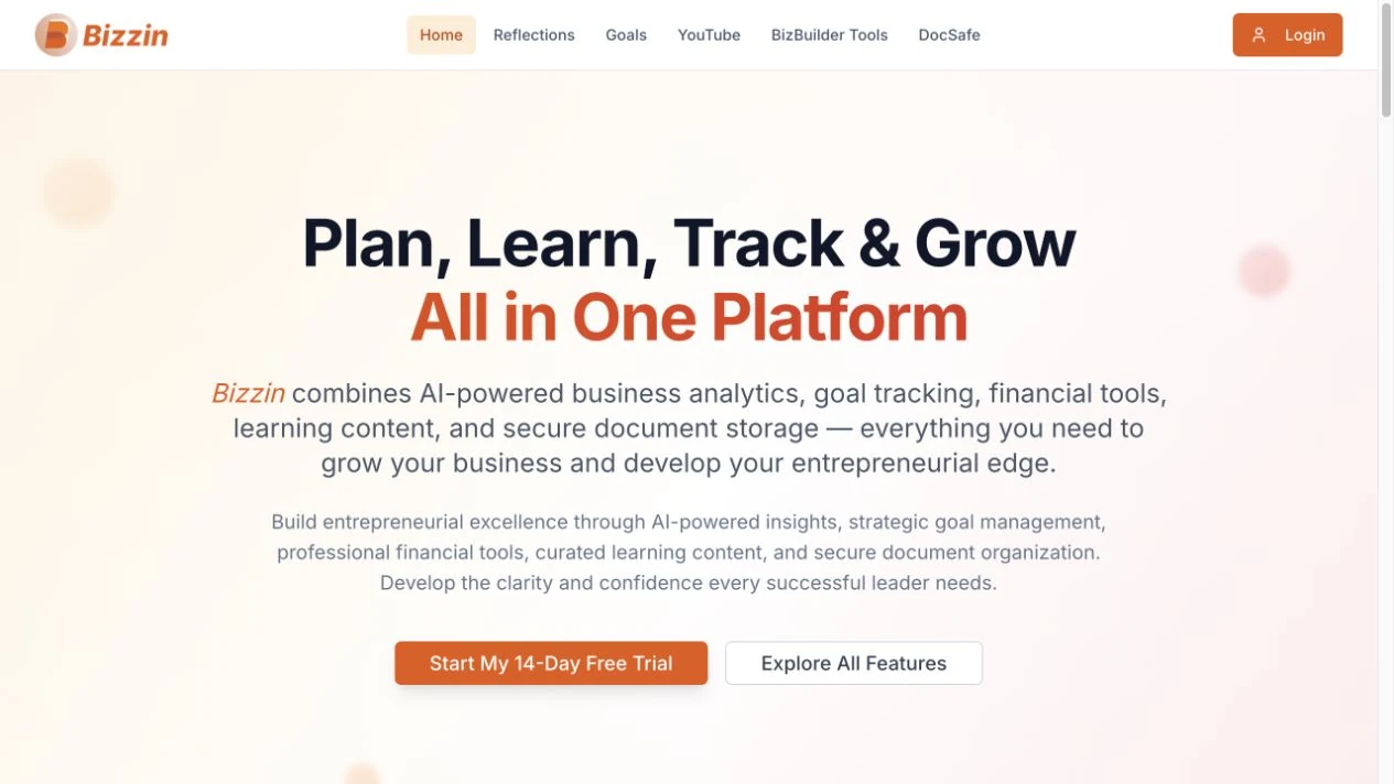 Bizzin’s live public homepage introducing its connected business growth platform