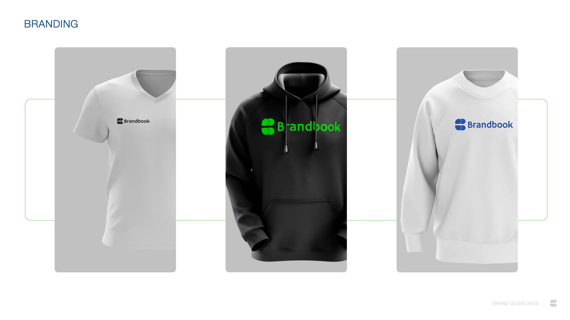 Original Brandbook guideline presentation showing green wordmarks on clothing mockups