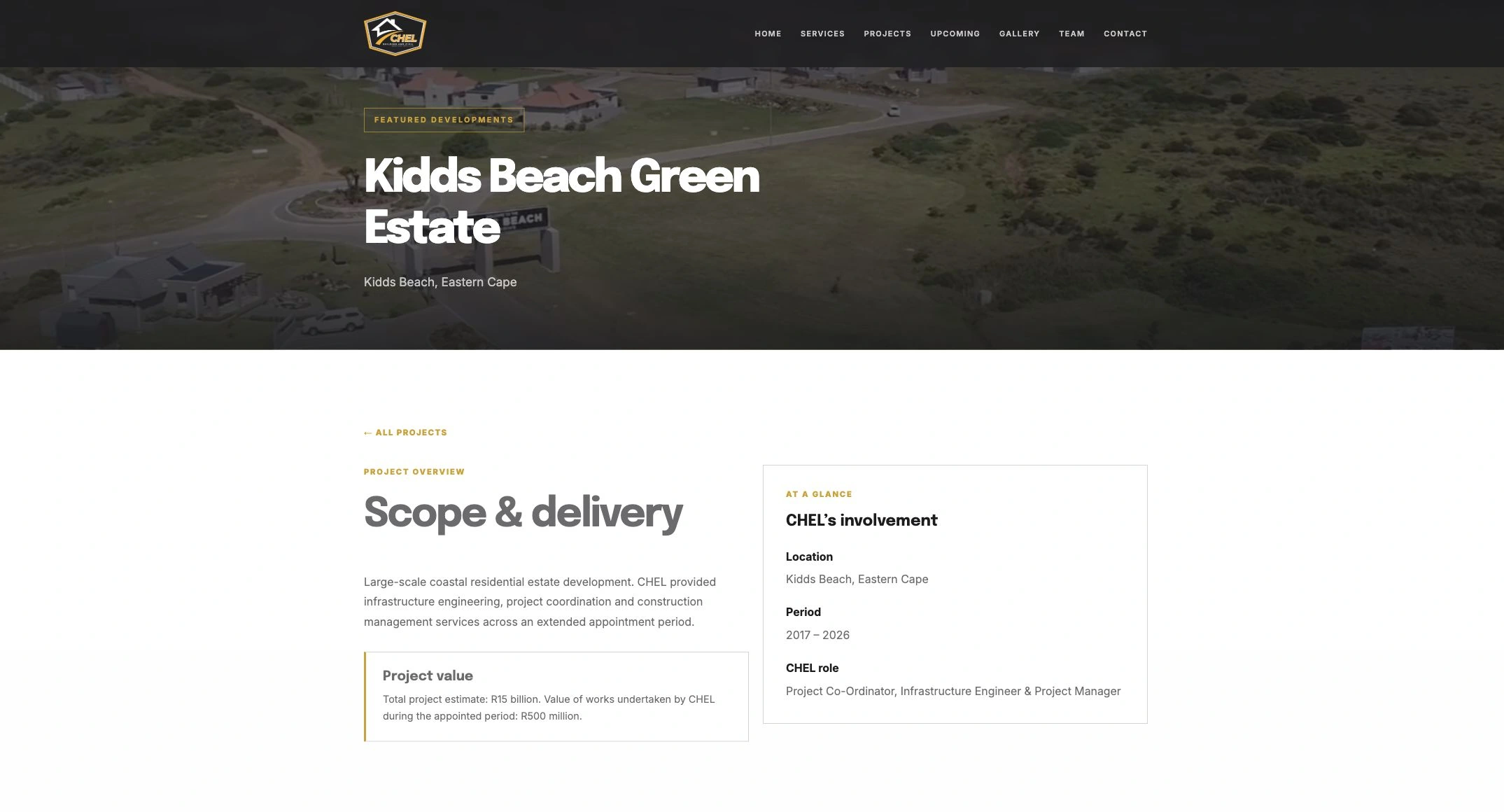 Actual CHEL Kidds Beach project page showing scope, delivery and project information