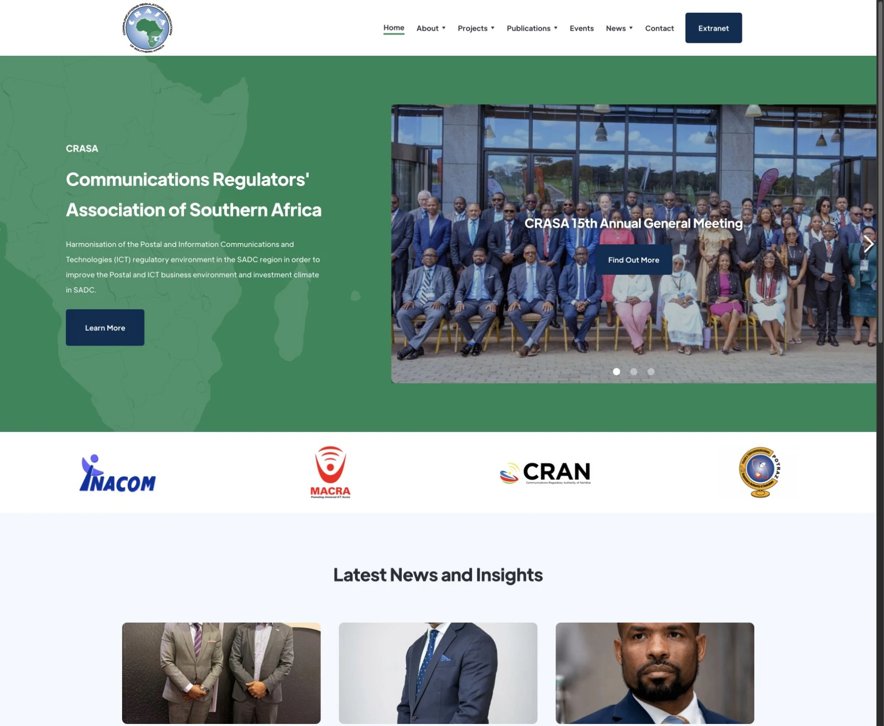 CRASA website with its Southern African regulatory association introduction, conference photograph and member logos