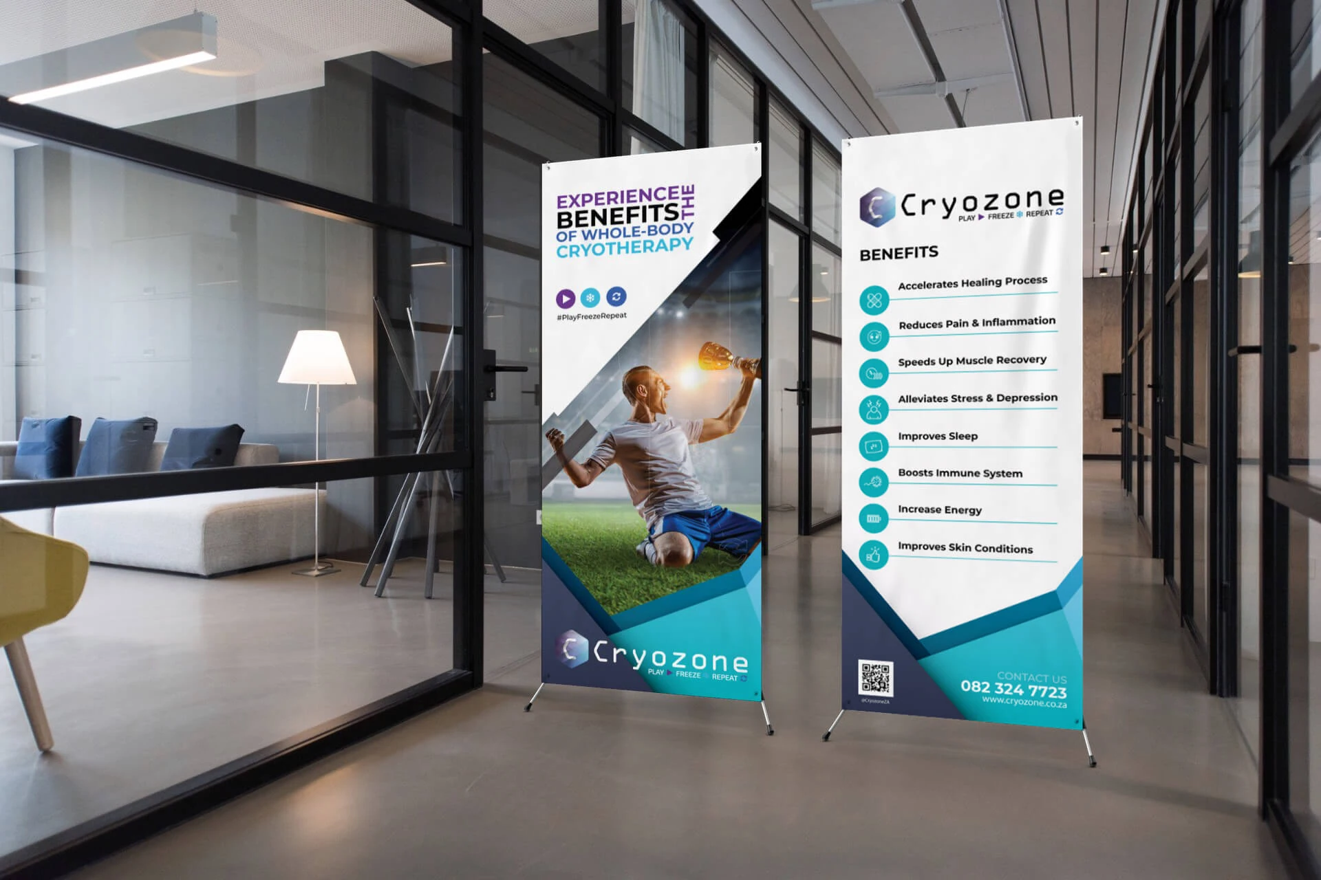 Original Cryozone pull-up banner designs presented together in the 2018 project artwork