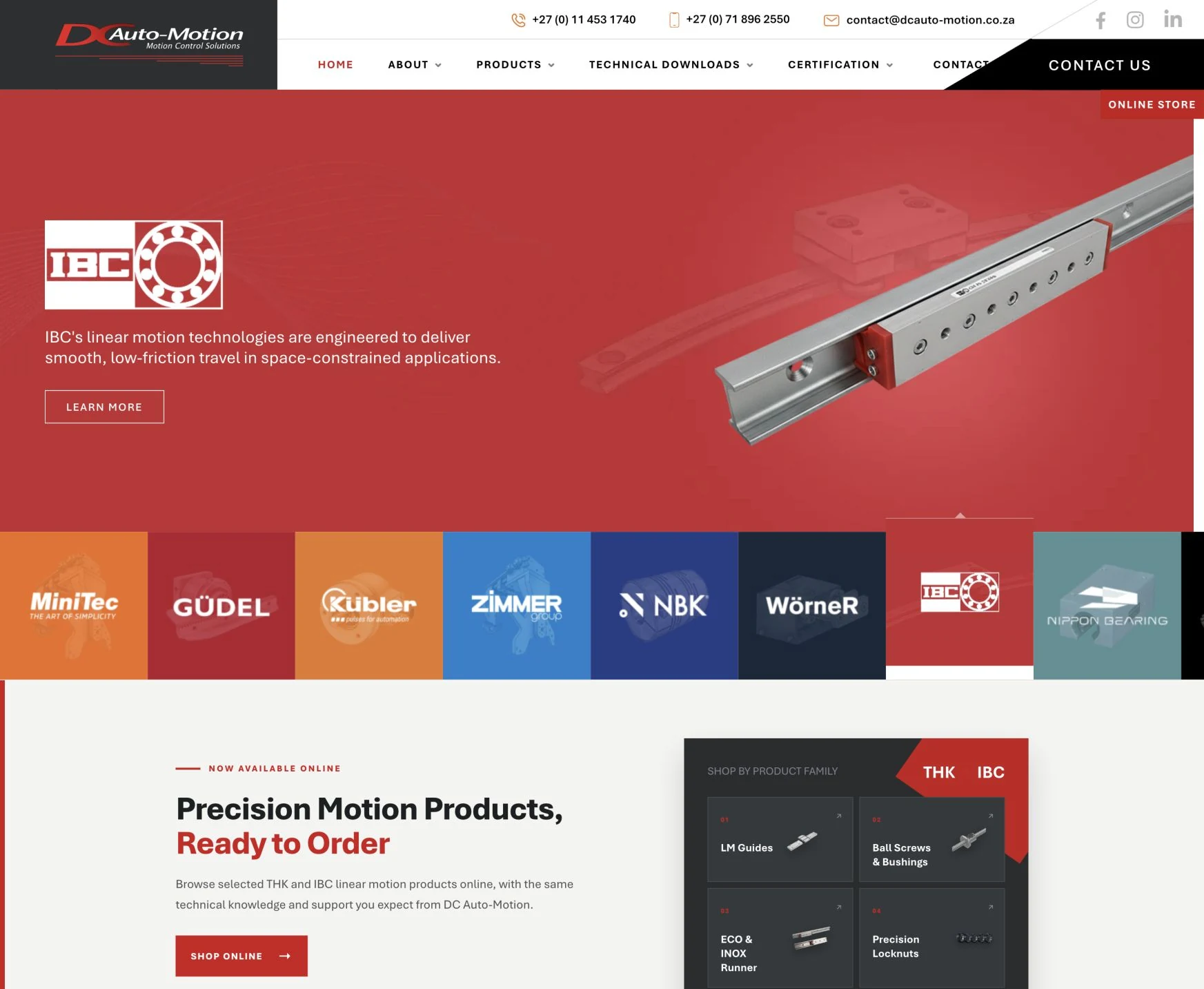 DC Auto-Motion corporate website showing its product brands and a direct route to the online store