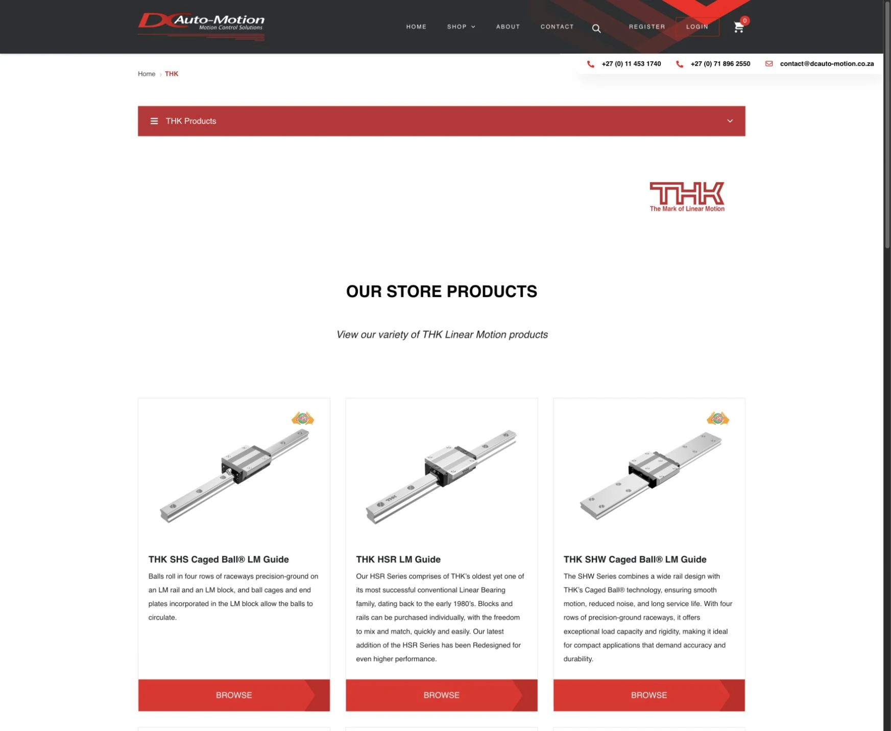 Live DC Auto-Motion online store showing the THK product catalogue and linear motion product families