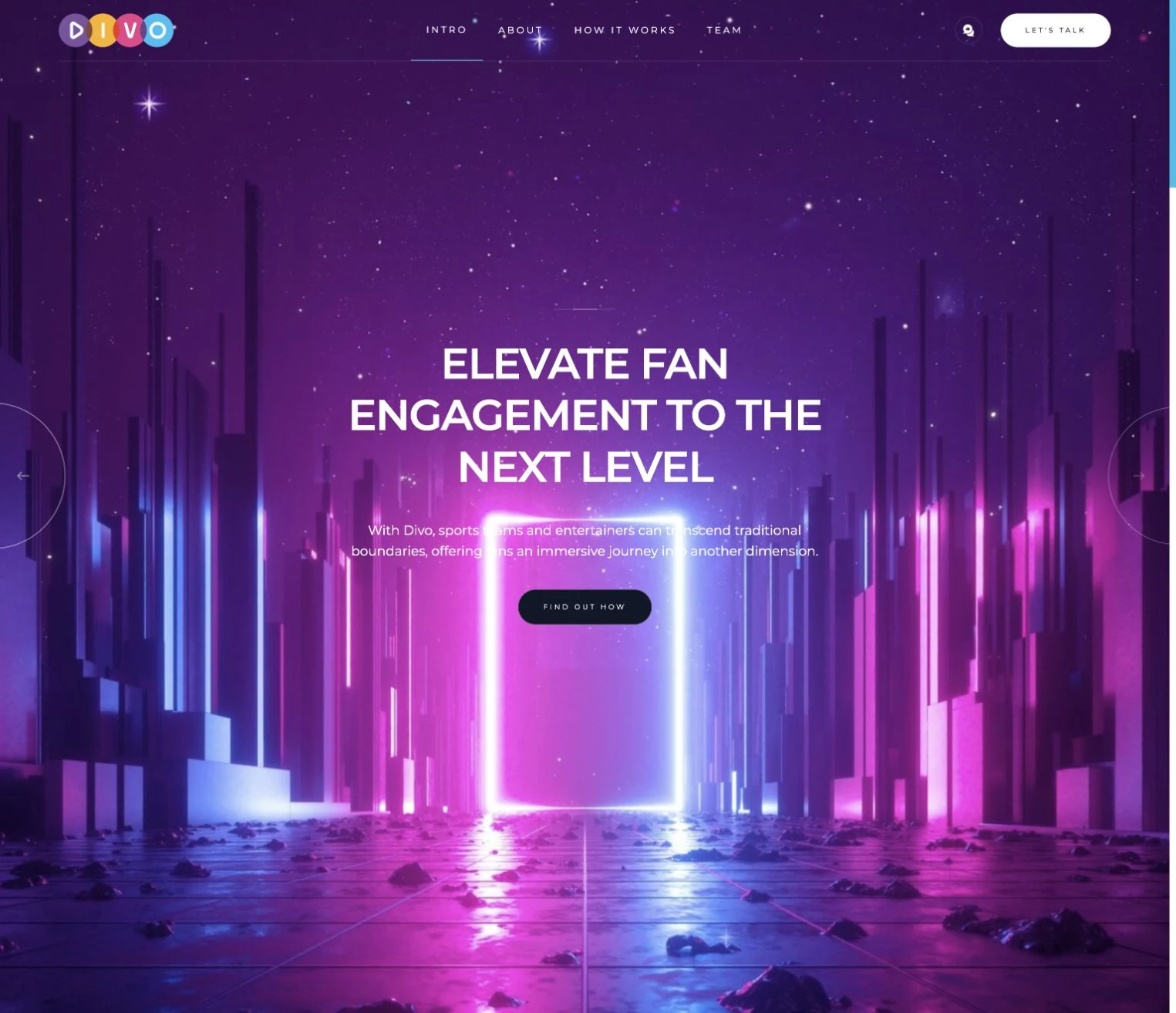 Divo corporate website from the preserved May 2024 export, introducing immersive sports and entertainment
