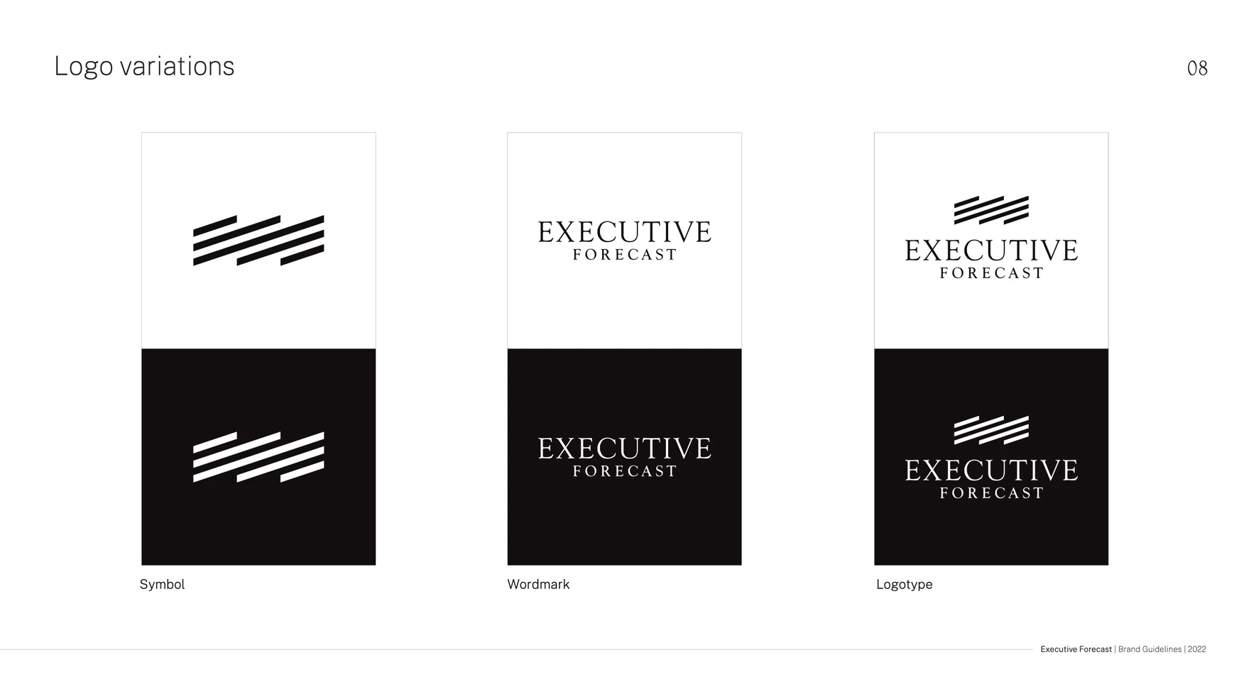 Executive Forecast brand guideline page showing symbol, wordmark and combined logo variations in black and white