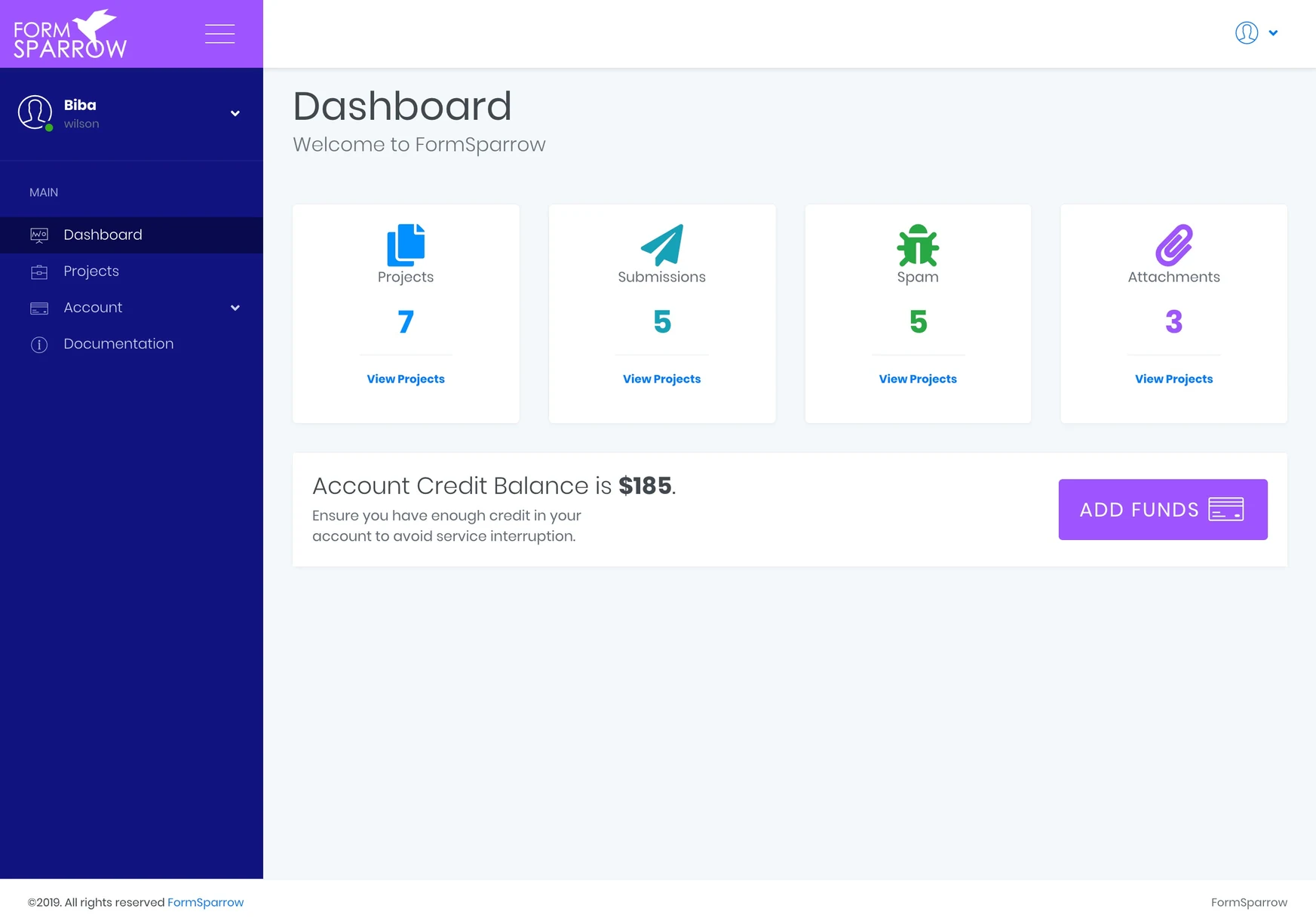 Original 2019 FormSparrow dashboard with projects, submissions, spam and attachments summaries